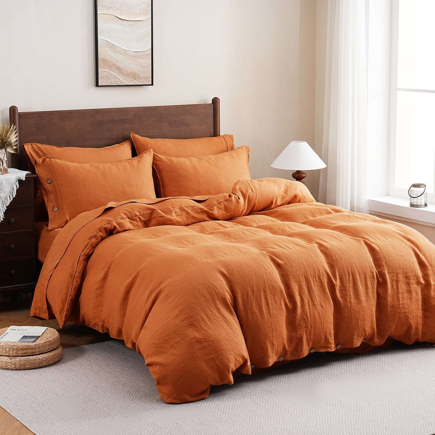 Orange Ochre 100% Organic Linen Duvet Cover Set With Coconut Button Closure-Victory Symbol