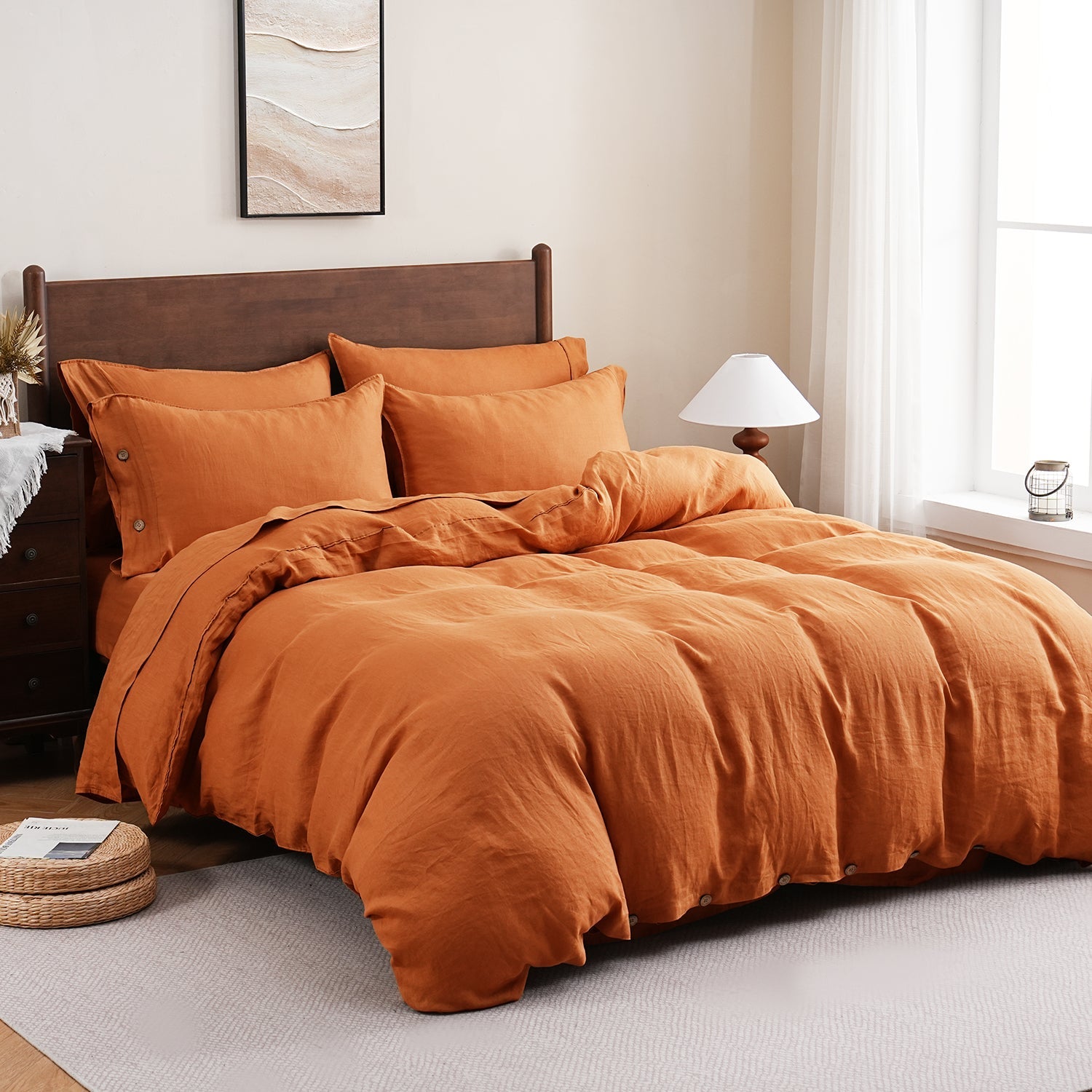 Orange Ochre 100% Organic Linen Duvet Cover Set With Coconut Button Closure-Victory Symbol