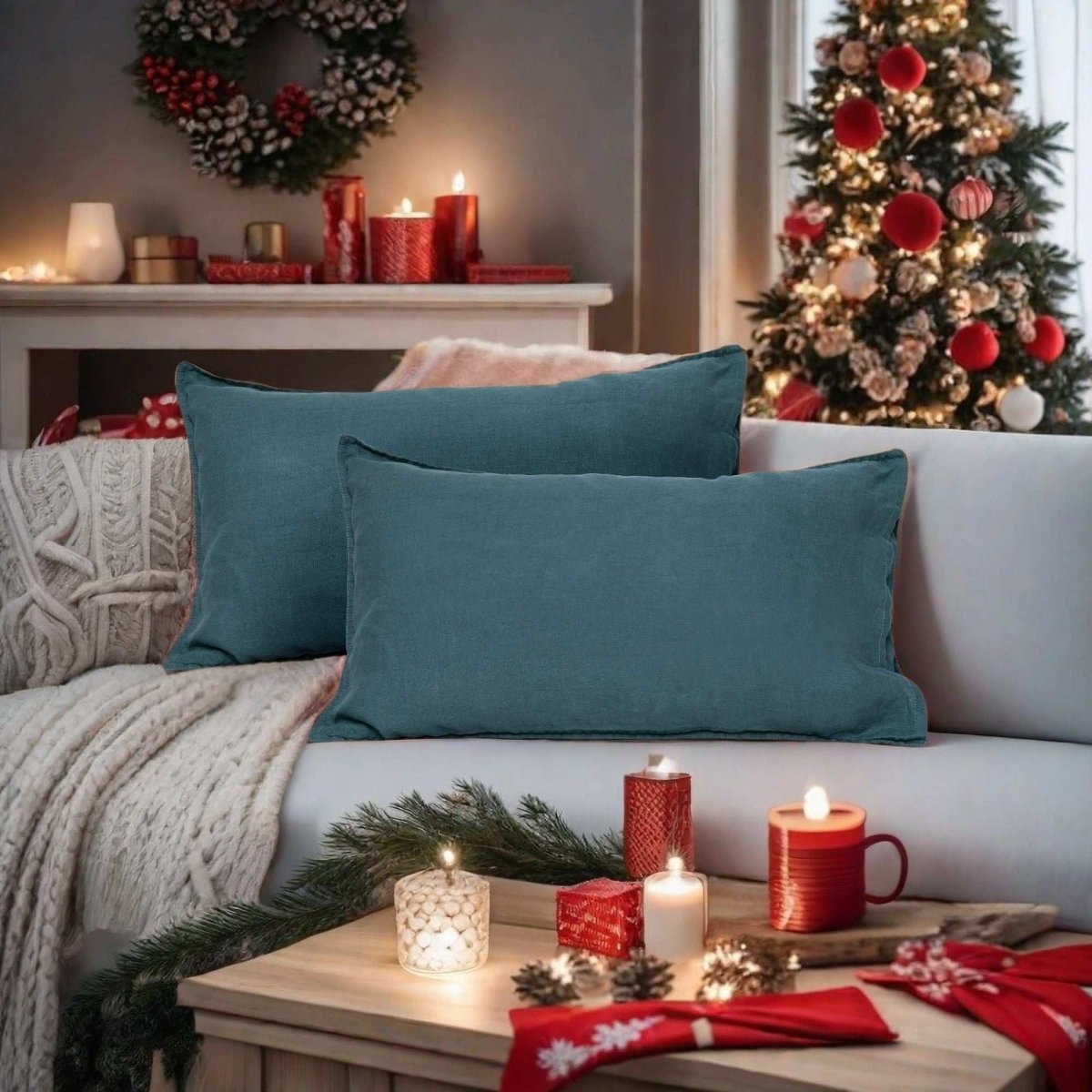 Teal Green 100% Organic Linen Lumbar Pillowcases - Victory Symbol