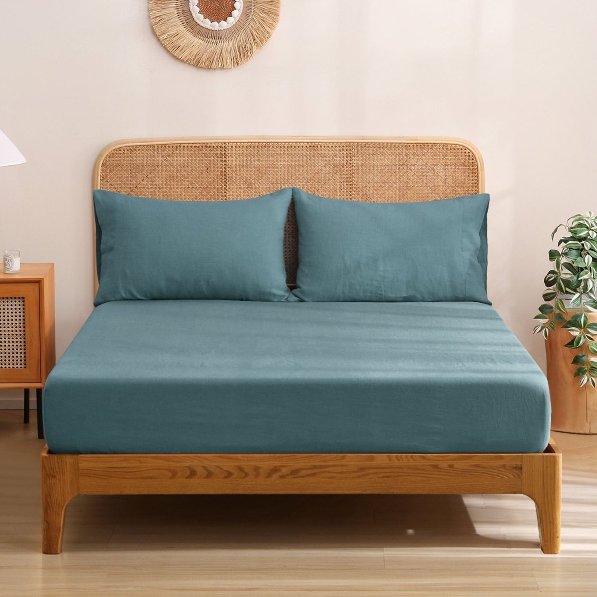 Turquoise Blue 100% Organic Linen Fitted Sheet - Victory Symbol