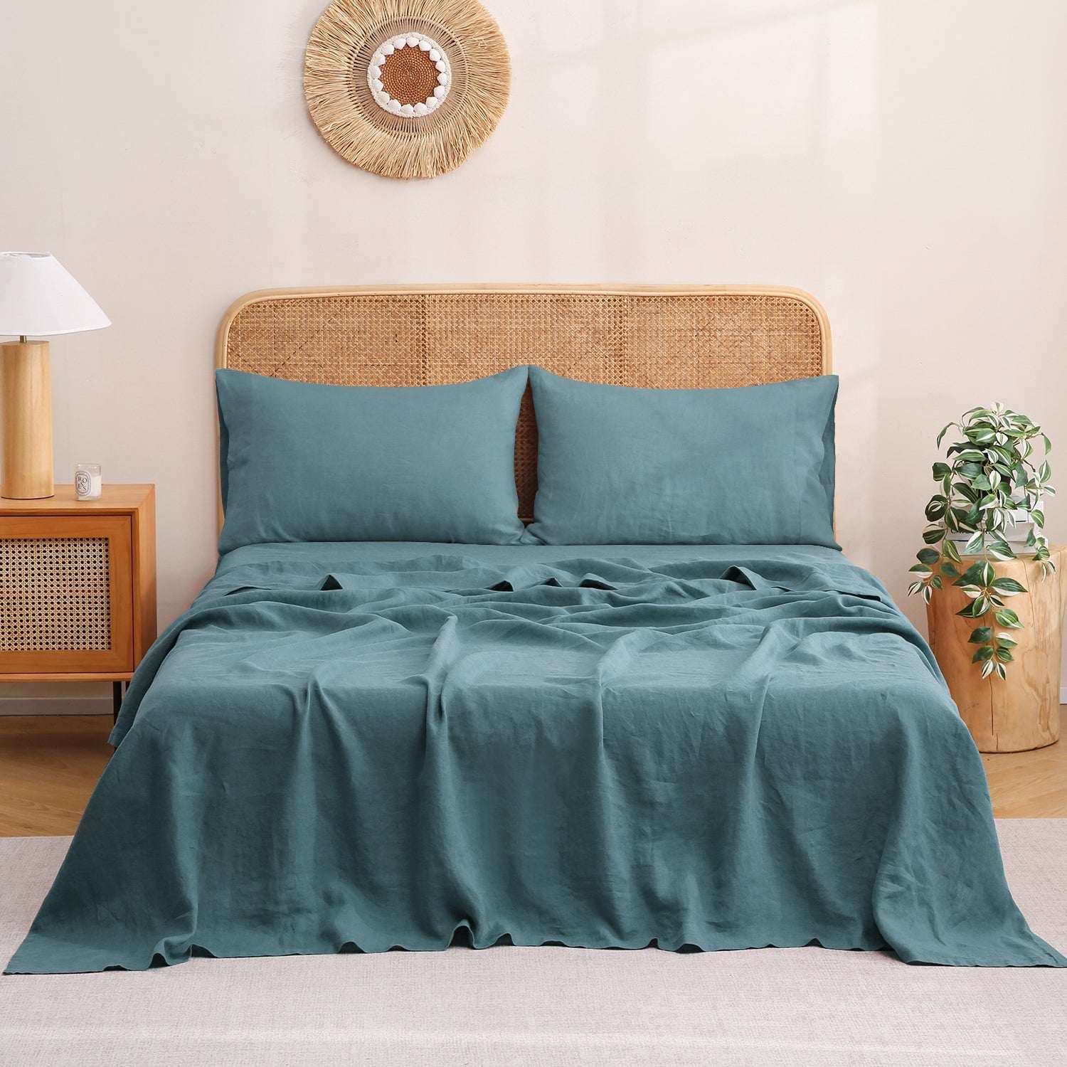 Turquoise Blue 100% Organic Linen Sheets Set - Victory Symbol
