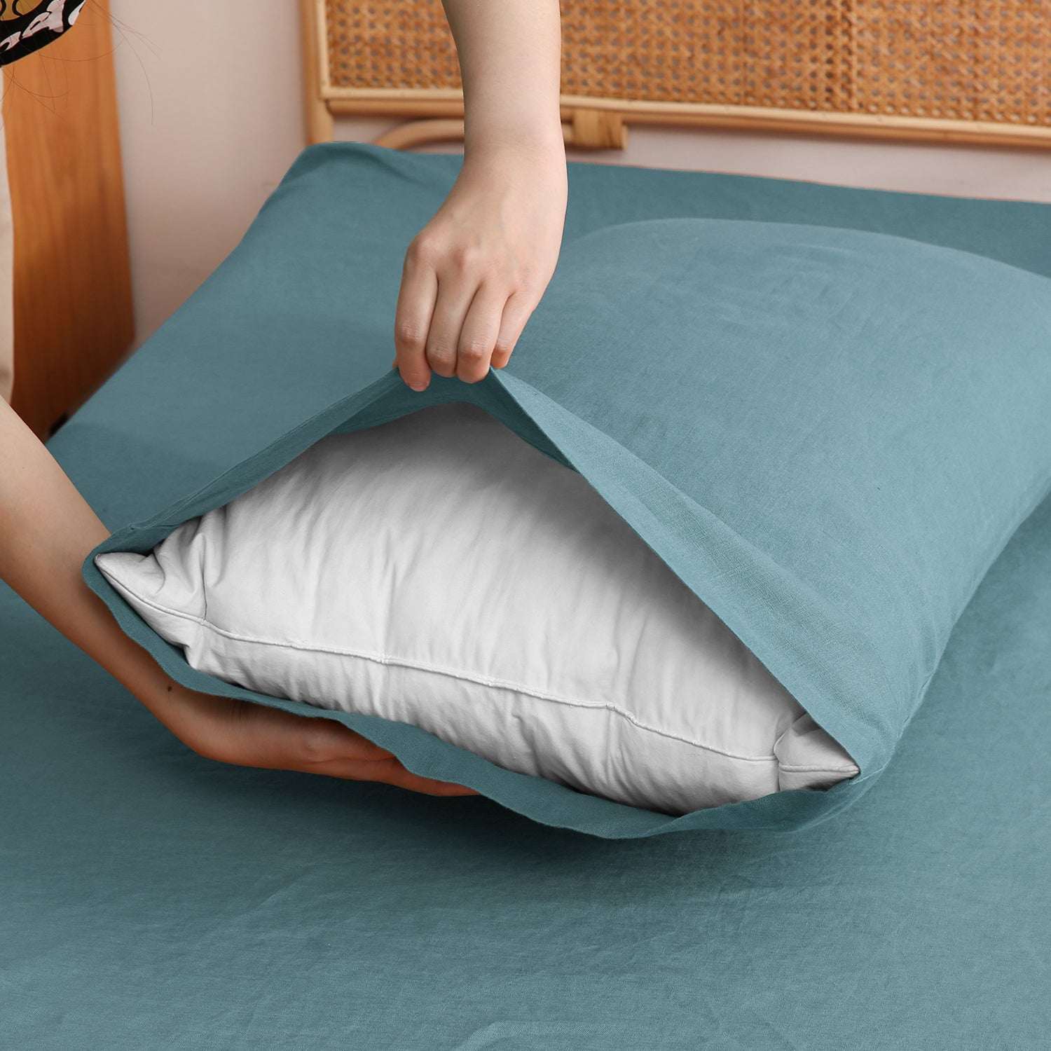 Turquoise Blue 100% Organic Linen Pillowcases-Victory Symbol