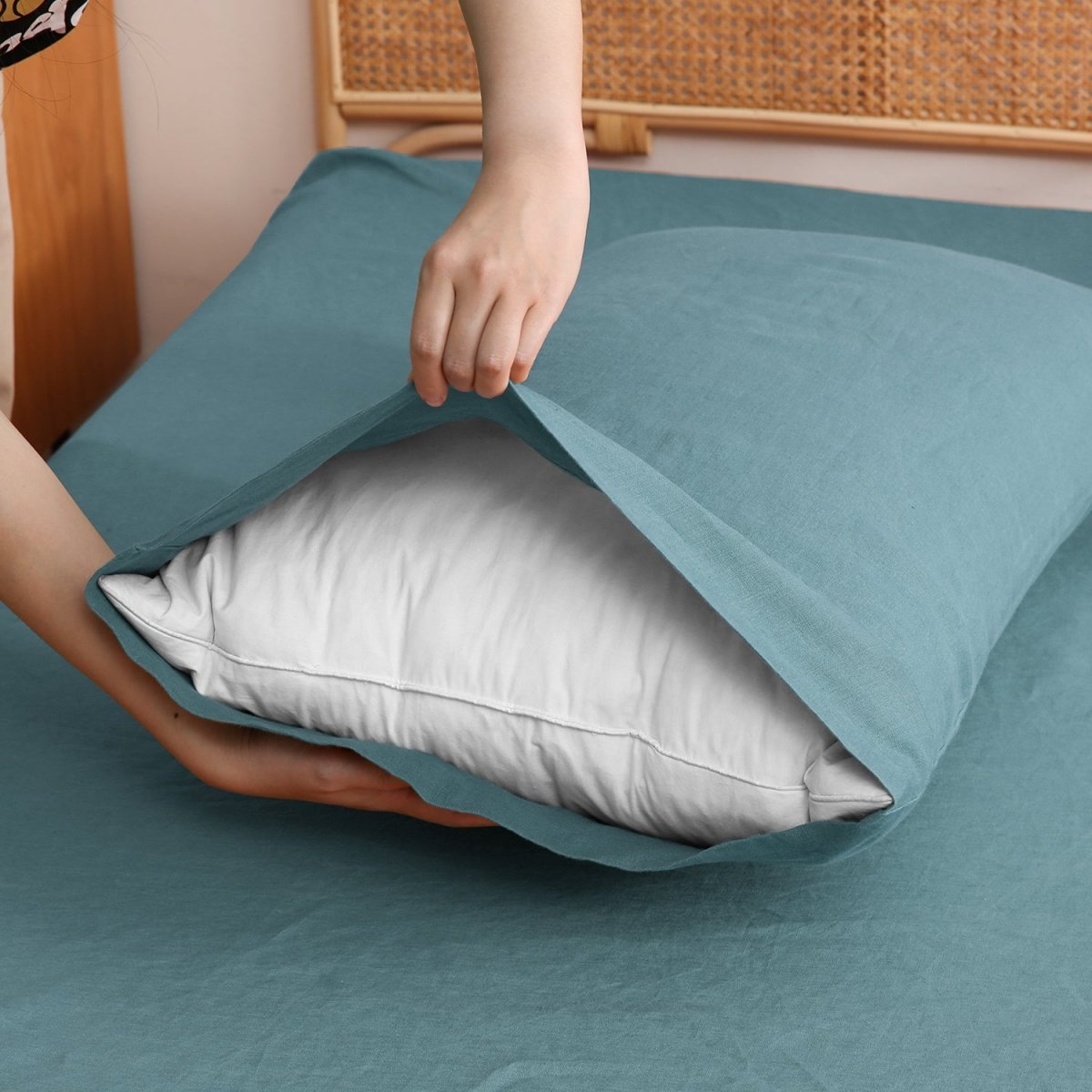 Turquoise Blue 100% Organic Linen Pillowcases - Victory Symbol