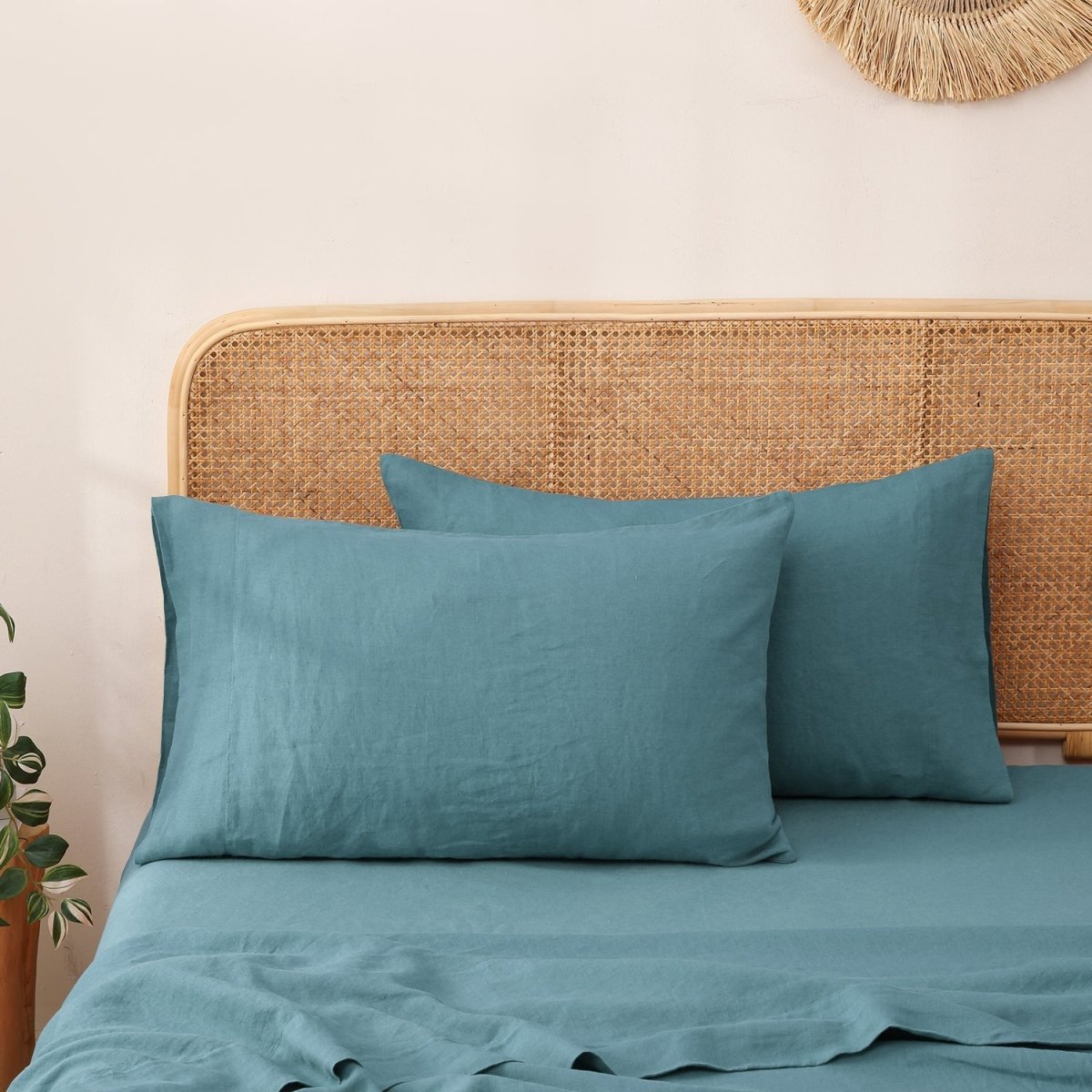 Turquoise Blue 100% Organic Linen Pillowcases - Victory Symbol