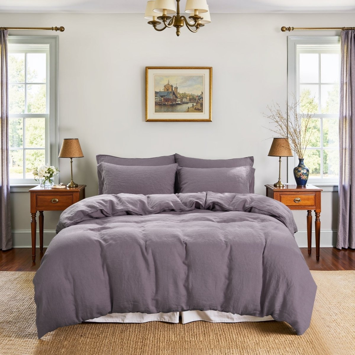 Twilight Lilac Purple 100% Organic Linen Duvet Cover Set - Victory Symbol