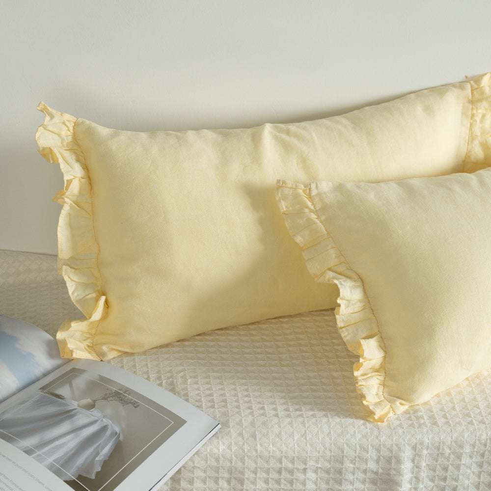 Vanilla Yellow 100% Organic Linen Lumbar Pillowcases With Ruffles - Victory Symbol