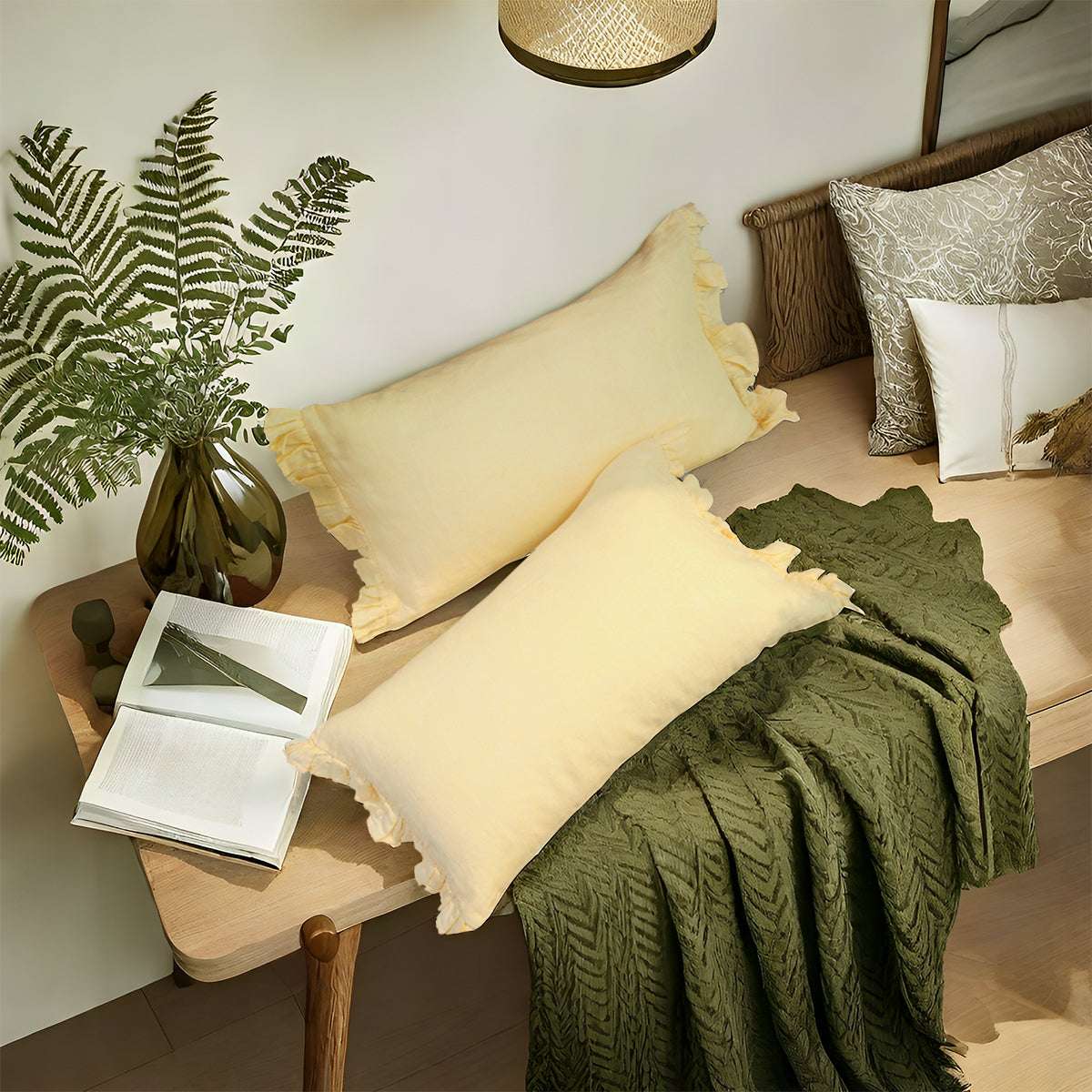 Vanilla Yellow 100% Organic Linen Lumbar Pillowcases With Ruffles - Victory Symbol