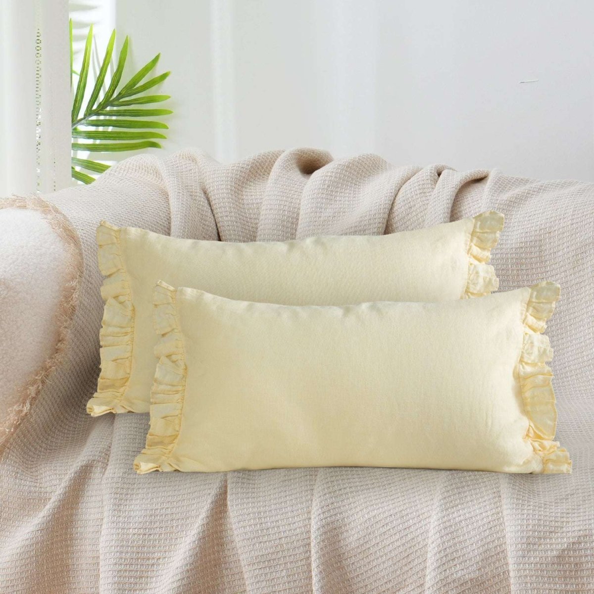 Vanilla Yellow 100% Organic Linen Lumbar Pillowcases With Ruffles - Victory Symbol