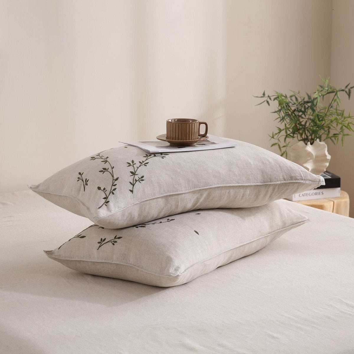 Vines Pattern 100% Organic Linen Embroidered Pillowcases - Victory Symbol