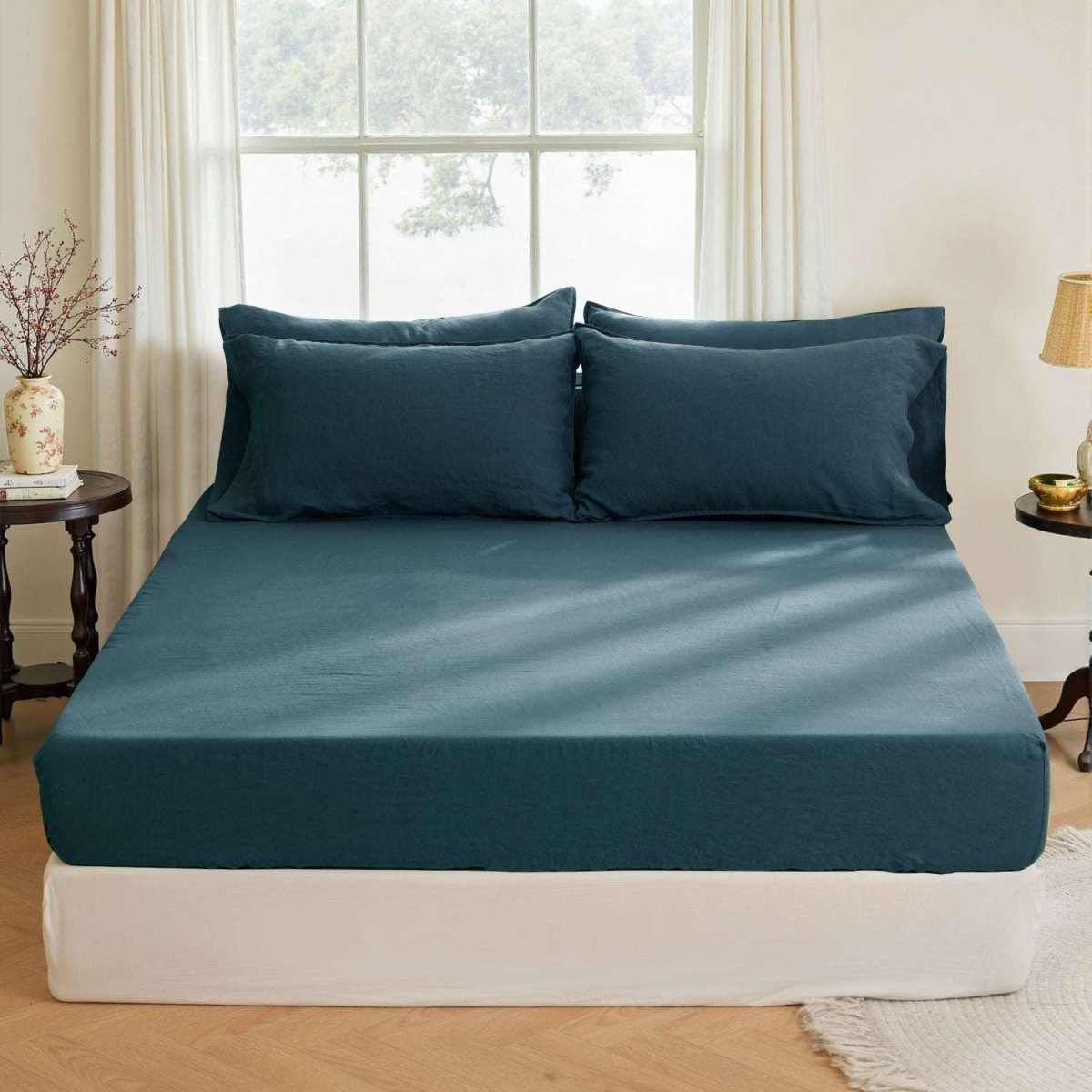 Vintage Blue 100% Organic Linen Fitted Sheet - Victory Symbol