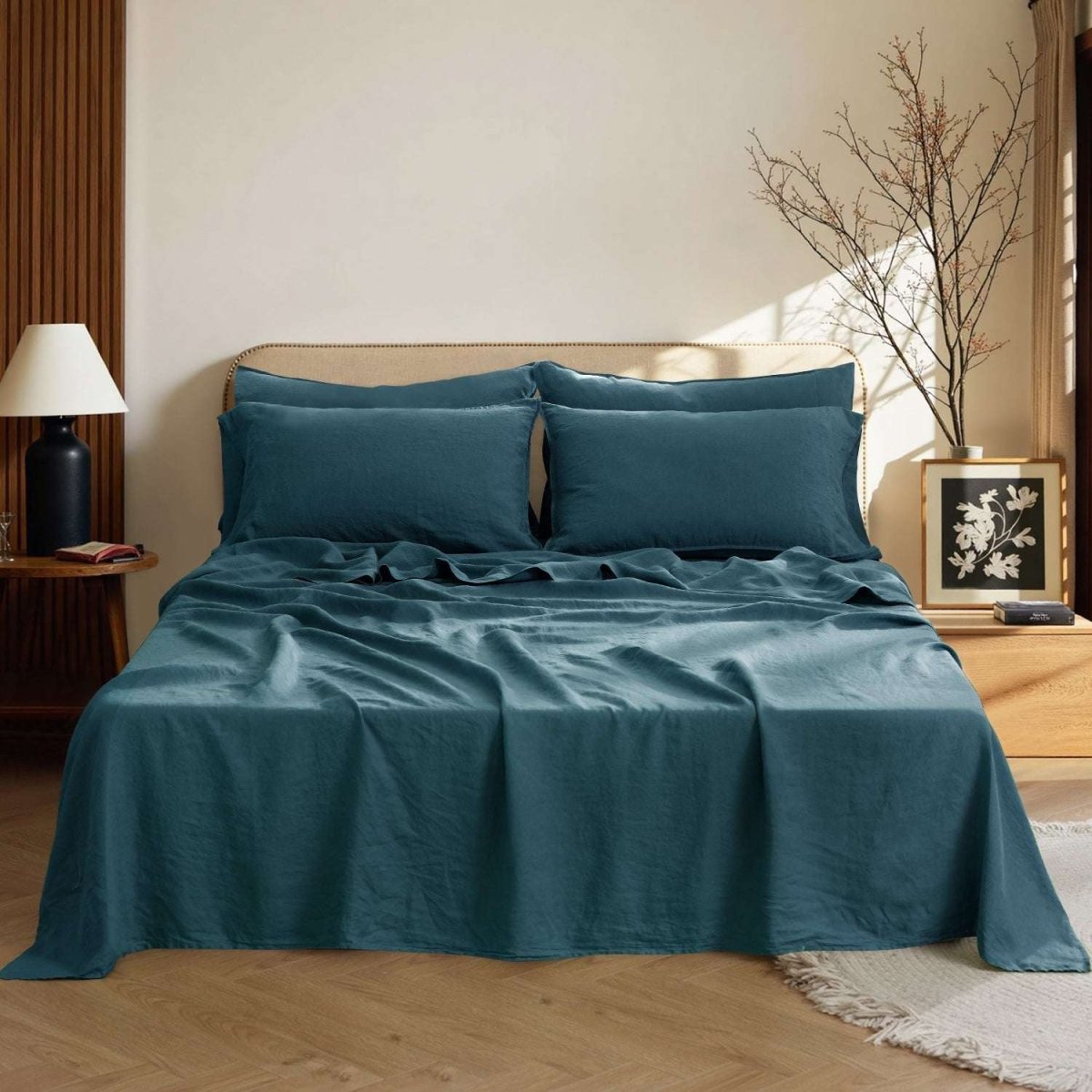 Vintage Blue 100% Organic Linen Sheets Set - Victory Symbol