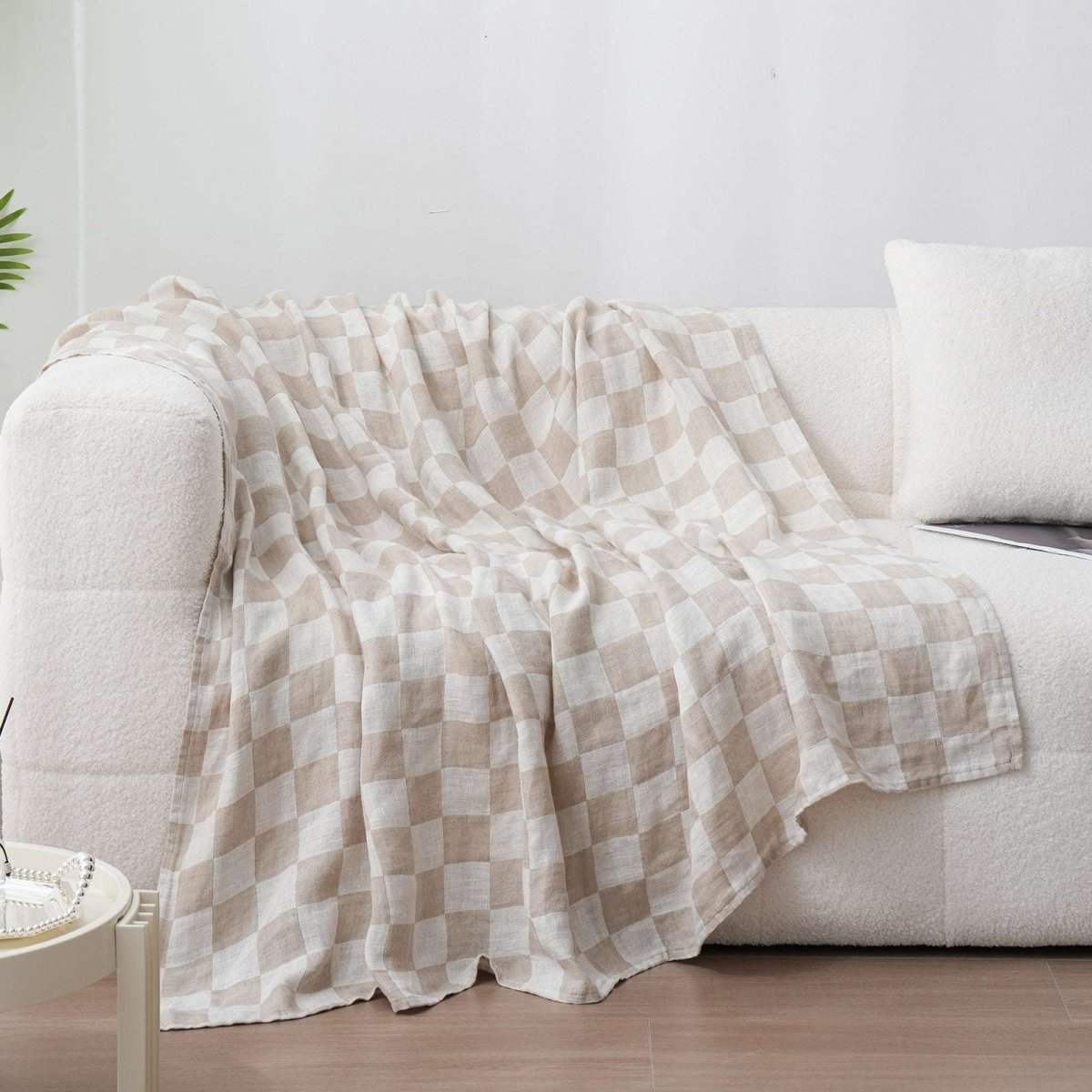 White Colorblock 100% Organic Linen Checkerboard Plaid Blanket & Throw - Victory Symbol