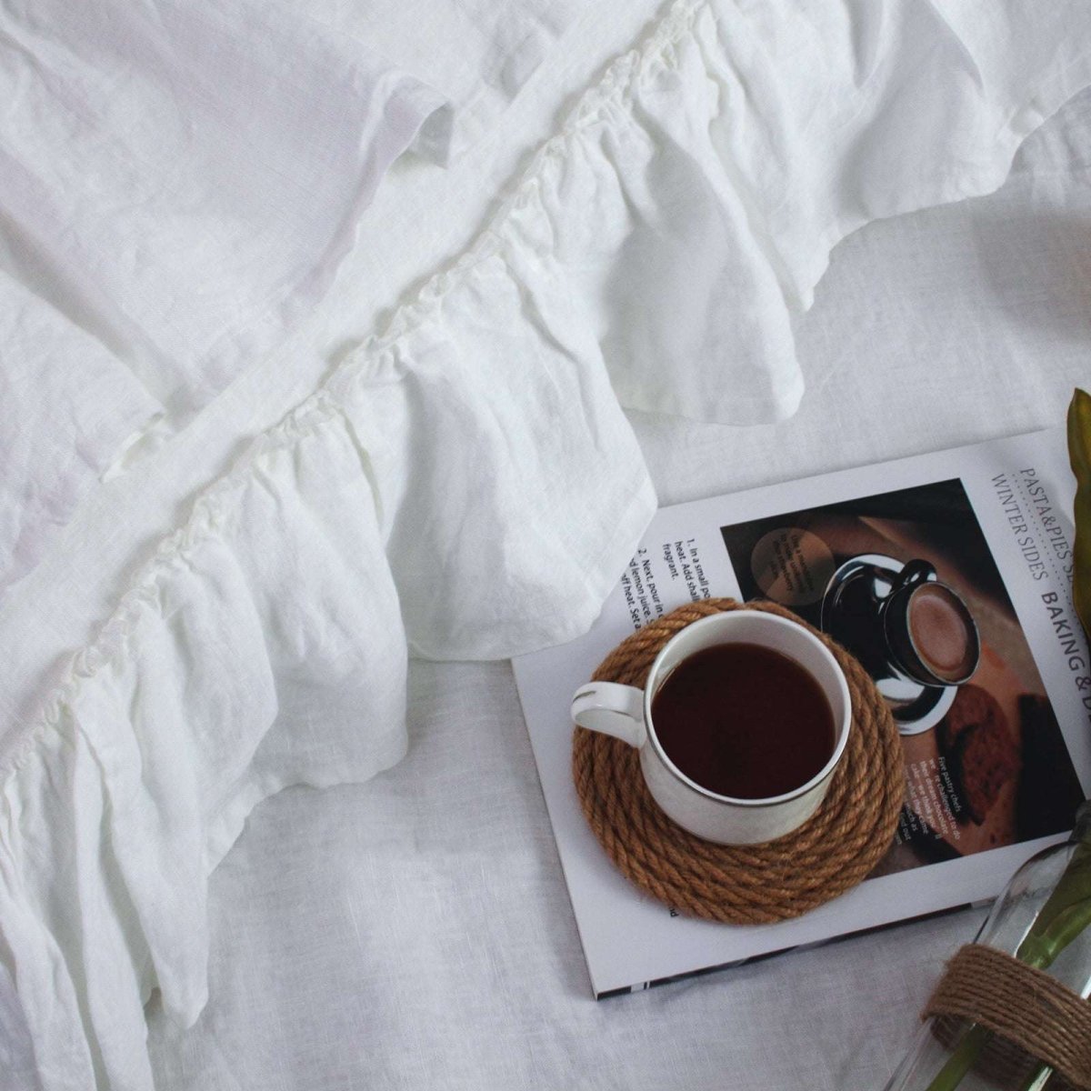 White Rococo Vintage Ruffle 100% Organic Linen Pillowcases - Victory Symbol