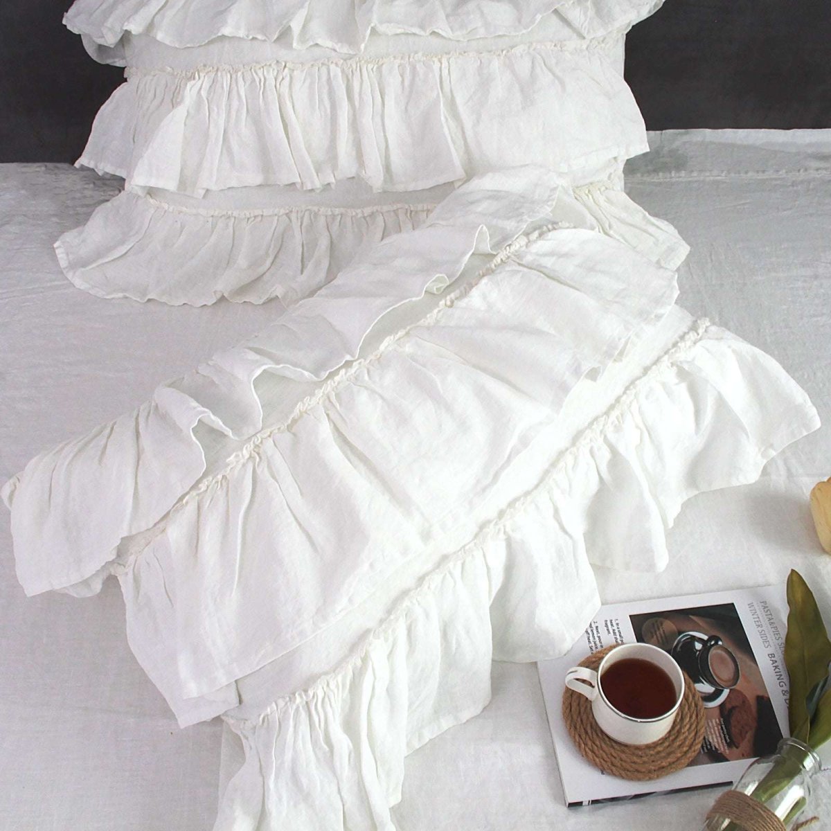 White Rococo Vintage Ruffle 100% Organic Linen Pillowcases - Victory Symbol