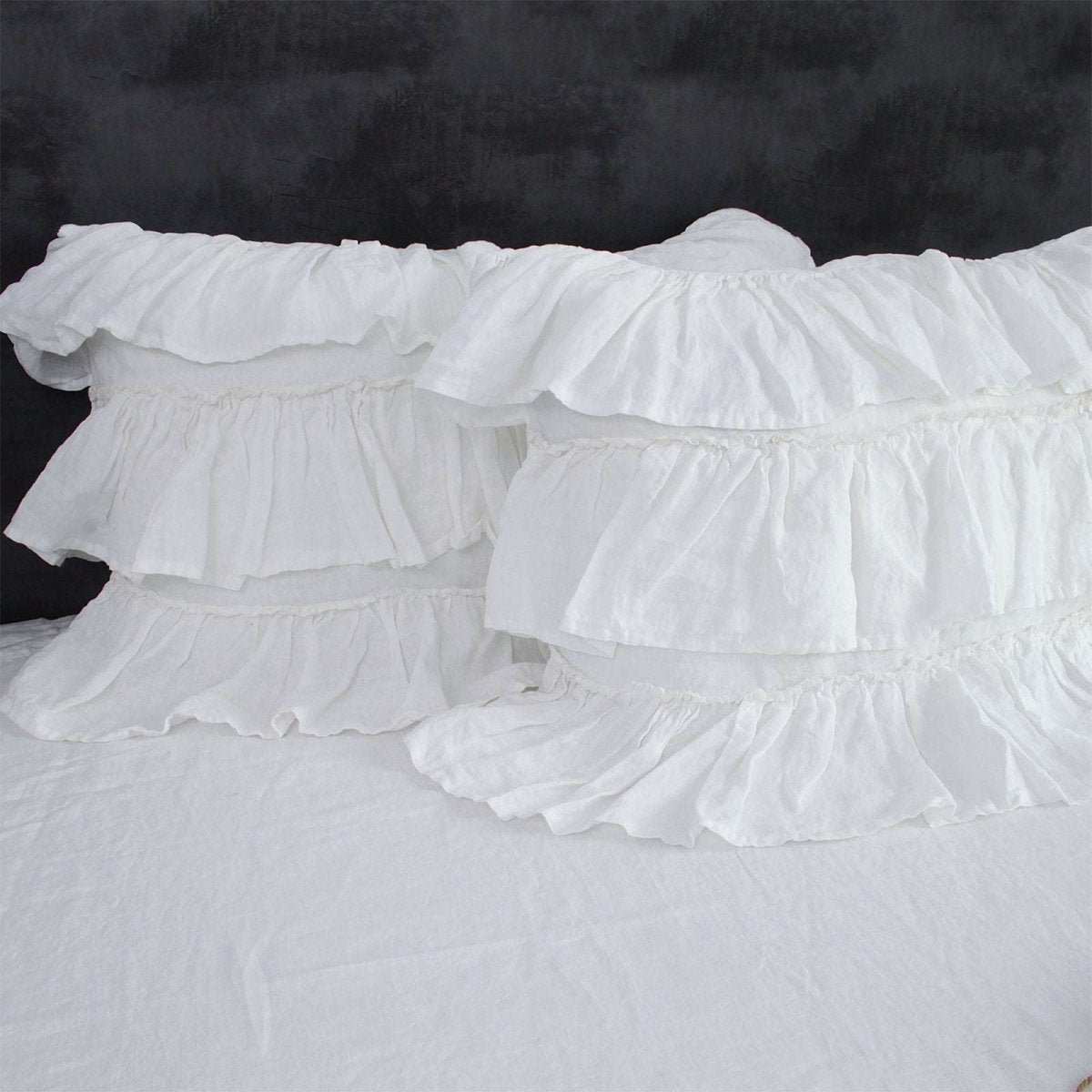 White Rococo Vintage Ruffle 100% Organic Linen Pillowcases - Victory Symbol