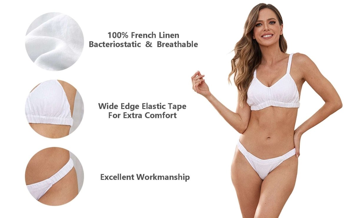Women Organic Linen Breathable White Basic Comfortable Everyday Bra and Panty Sets - Victory Symbol