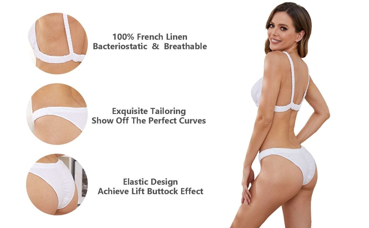 Women Organic Linen Breathable White Basic Comfortable Everyday Bra and Panty Sets - Victory Symbol