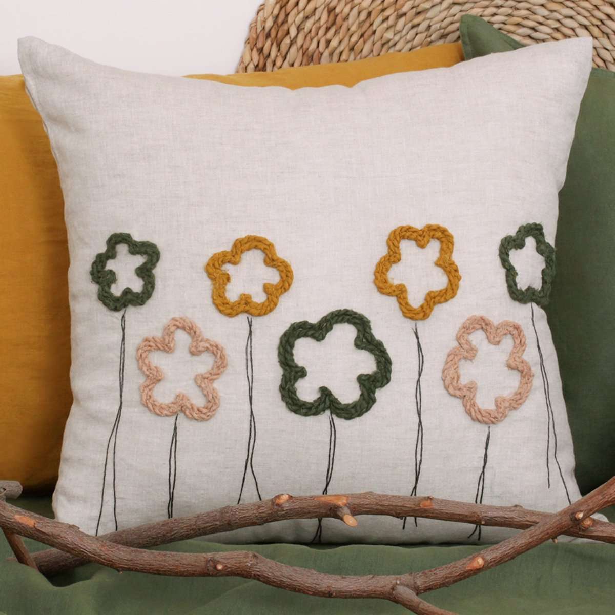 Woven flower pattern 100% Organic Linen Euro Pillowcase - Victory Symbol