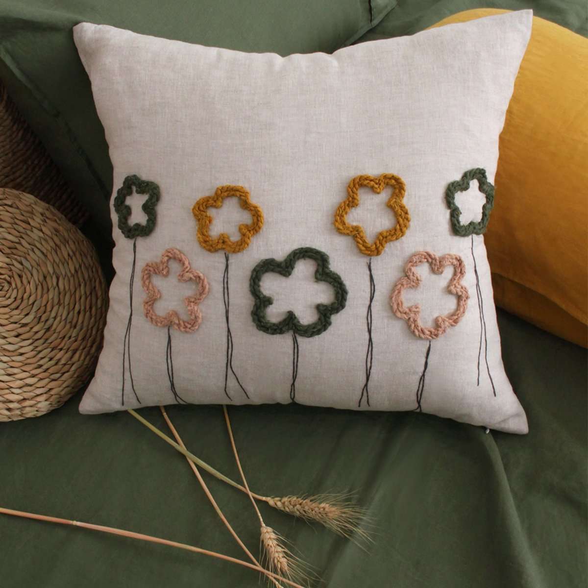 Woven flower pattern 100% Organic Linen Euro Pillowcase - Victory Symbol