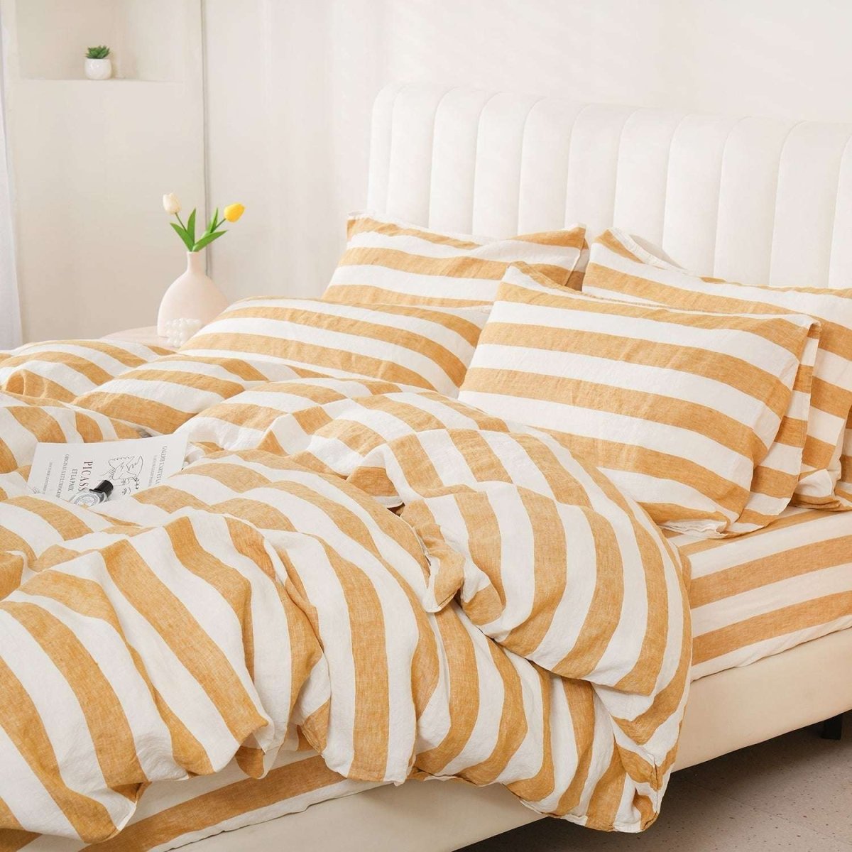 Yellow Stripe 100% Organic Linen Yarn Dyed Duvet Cover (Only 1 Piece) - Victory Symbol