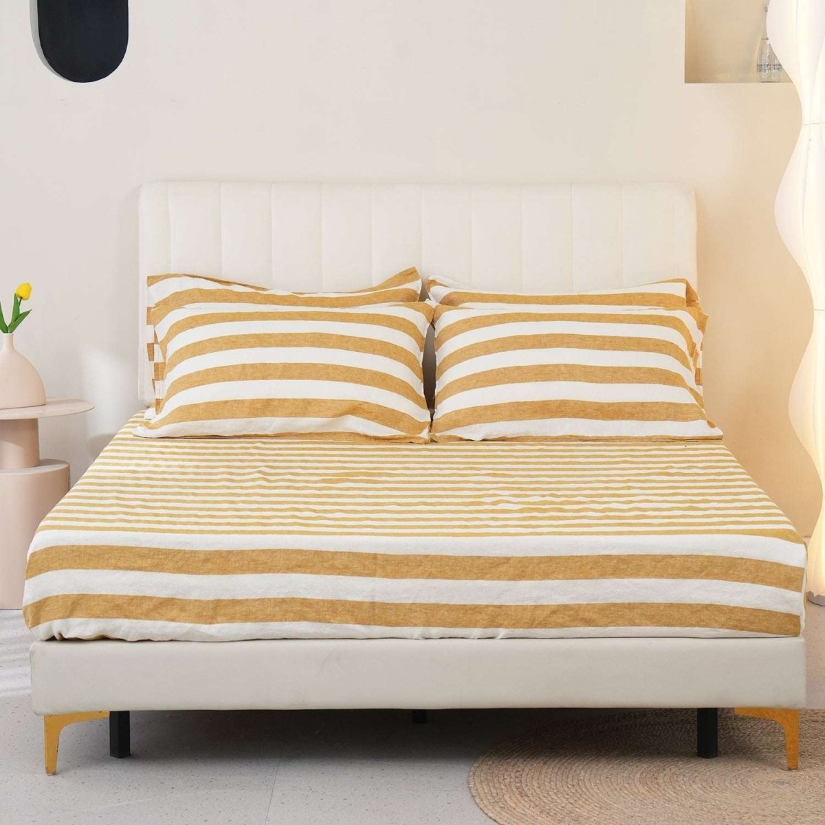 Yellow Stripe 100% Organic Linen Yarn Dyed Fitted Sheet - Victory Symbol