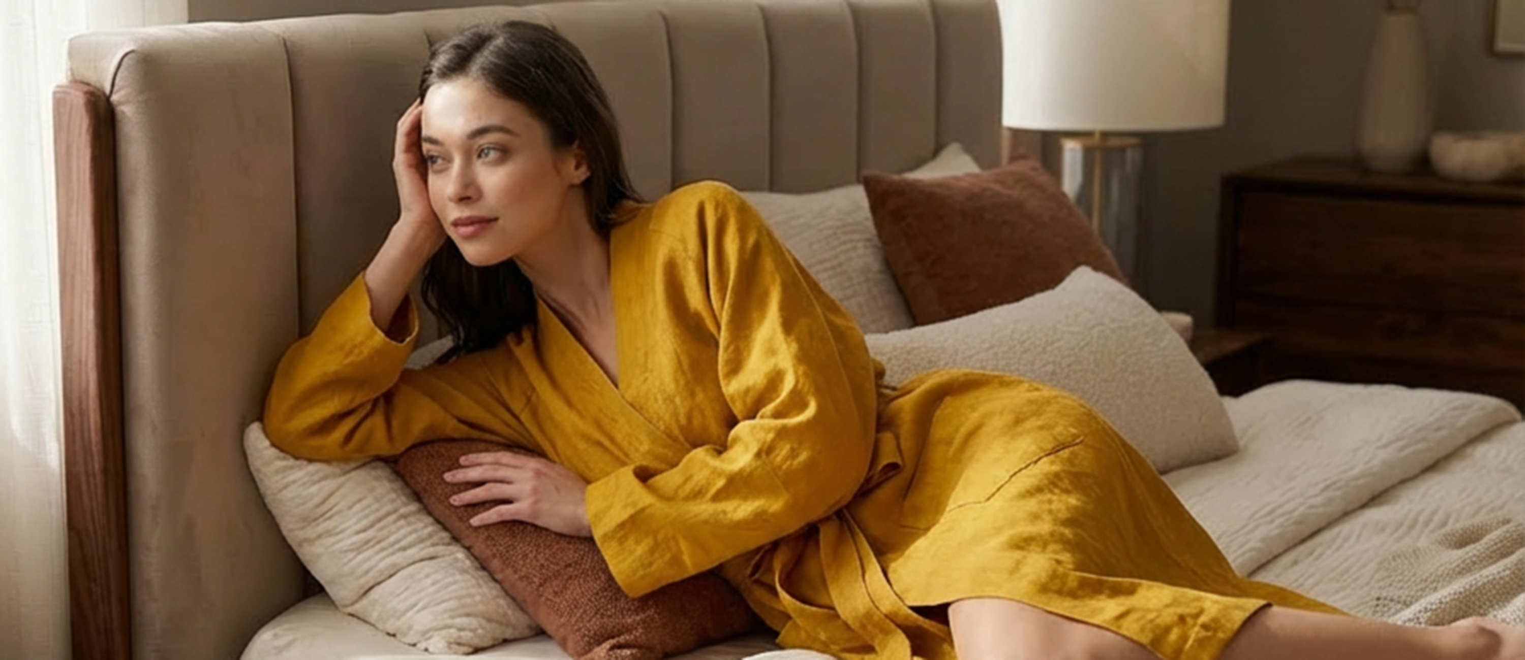 A beautiful woman is lying on the bed wearing a ginger-yellow linen bathrobe-linen robes-victory symbol