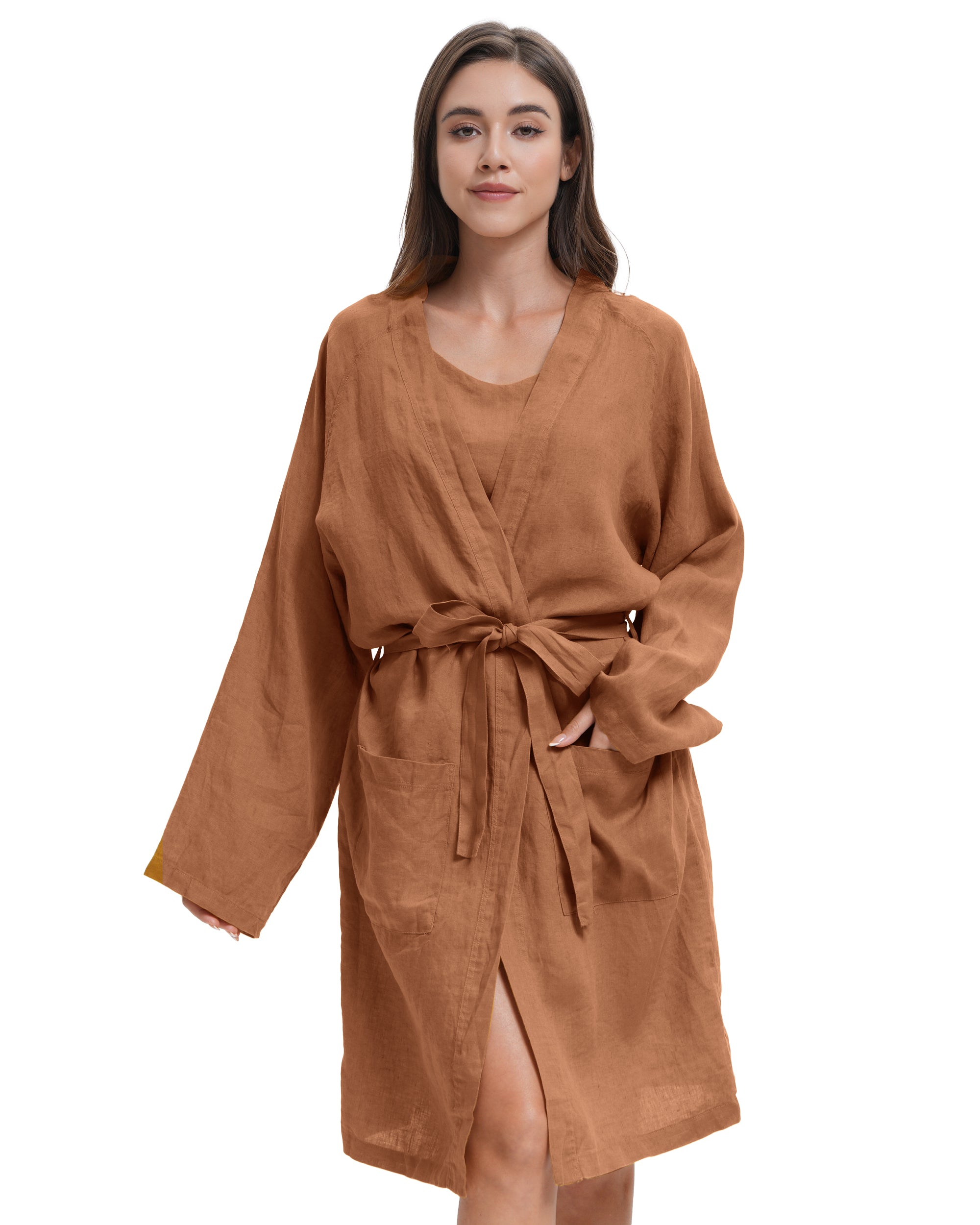 Rust 100% Organic Linen Women's V-Neck Robes-Victory Symbol