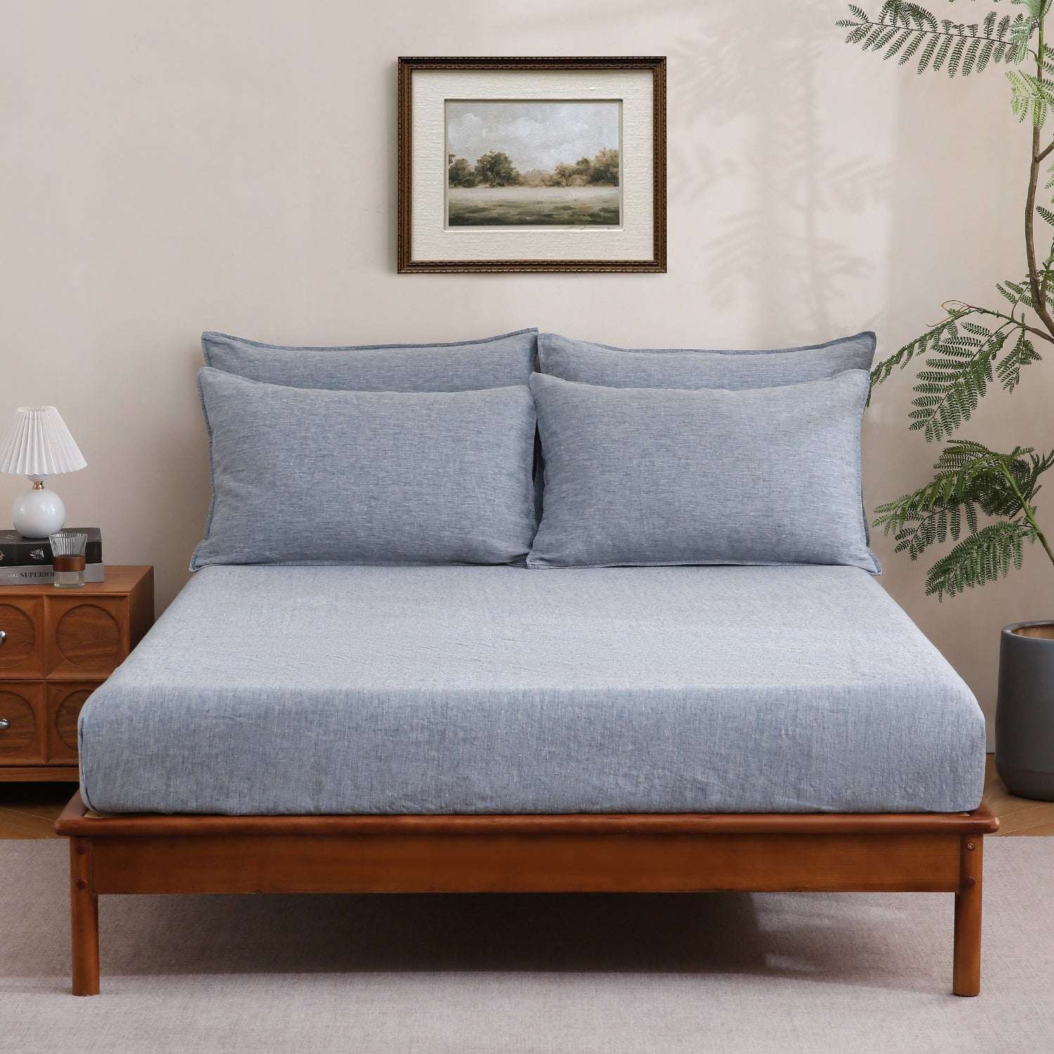 Blue Denim 100% Organic Linen Yarn Dyed Sheets Set-Victory Symbol