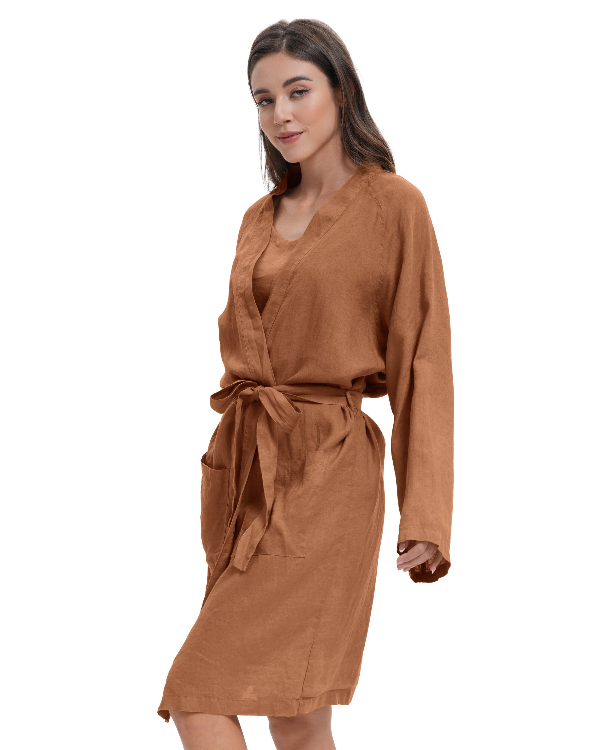 Rust 100% Organic Linen Women's V-Neck Robes-Victory Symbol