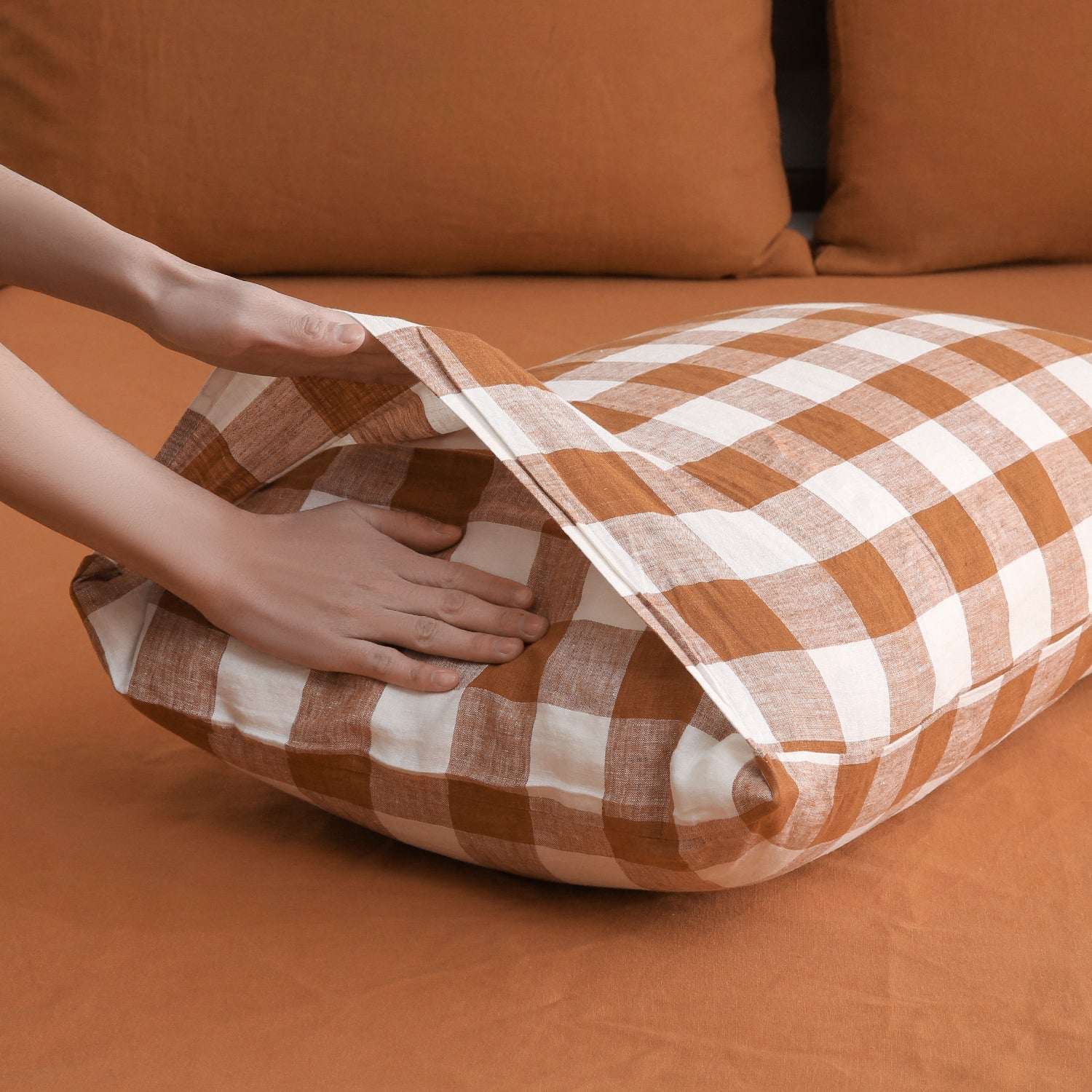 Rust Gingham 100% Organic Linen Yarn Dyed Pillowcases-Victory Symbol