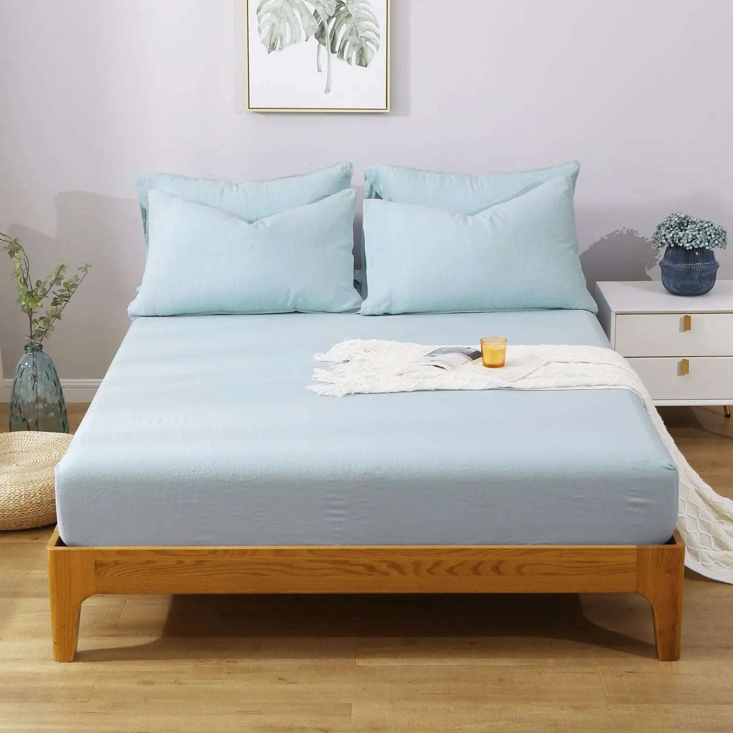 Aqua Blue 100% Organic Linen Fitted Sheet - Victory Symbol