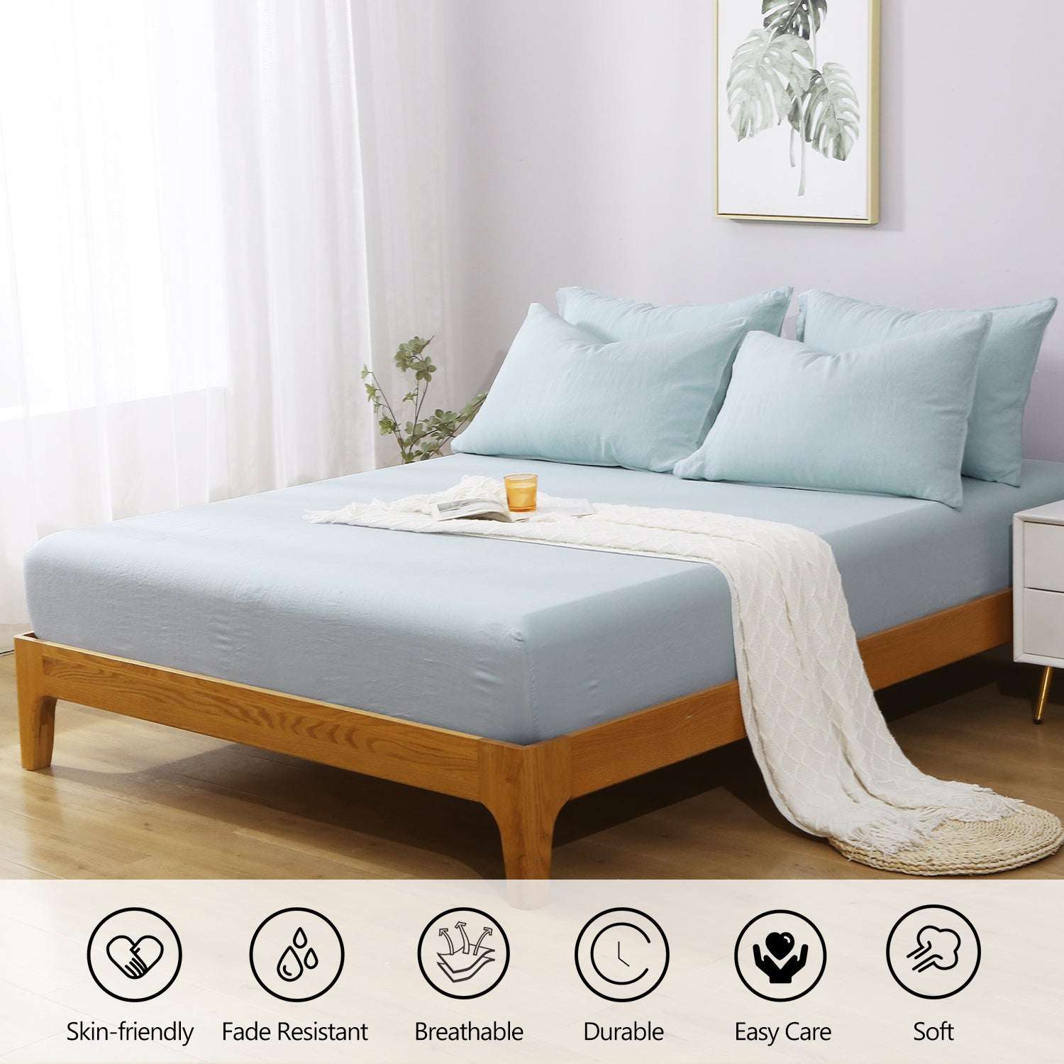 Aqua Blue 100% Organic Linen Fitted Sheet - Victory Symbol