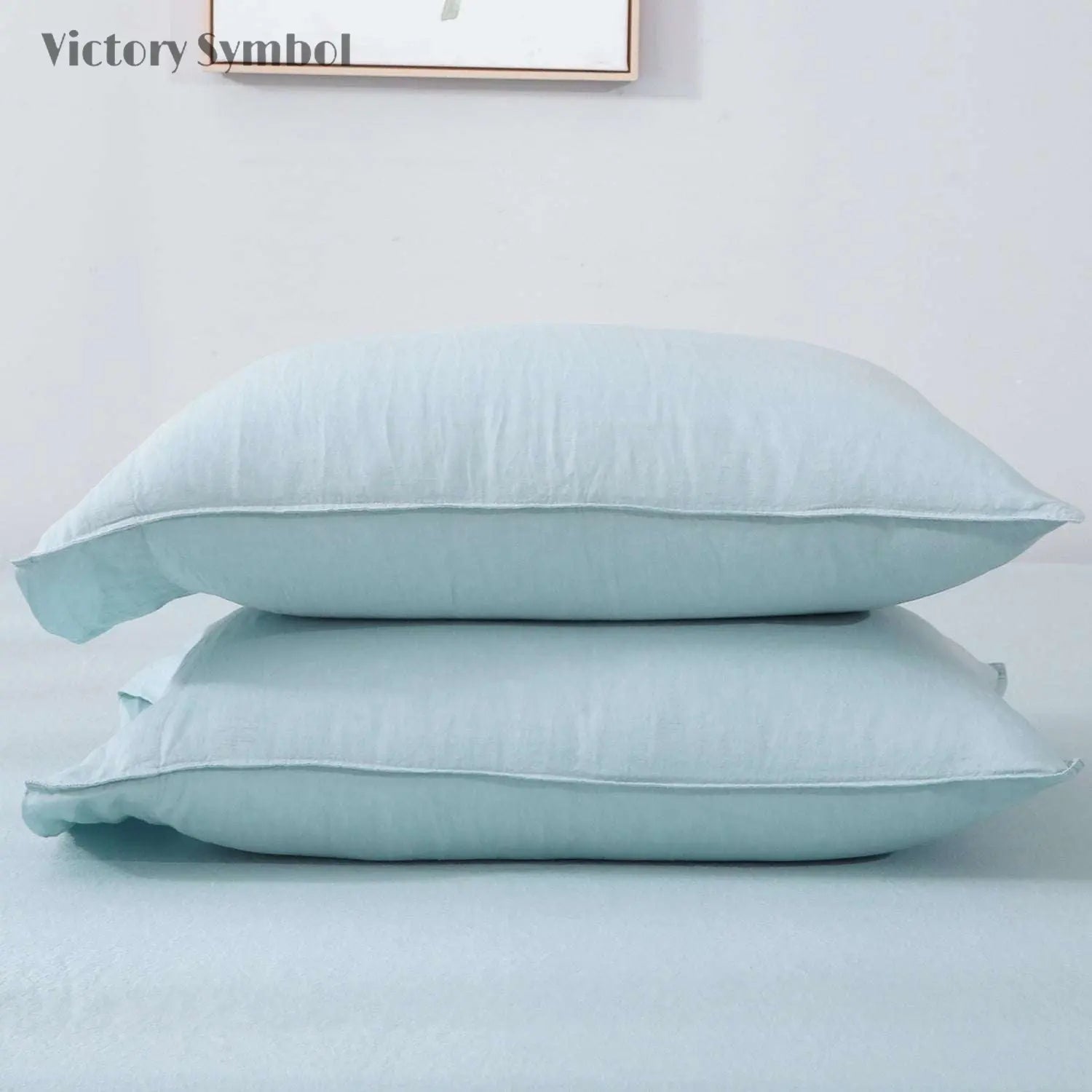 Aqua Blue 100% Organic Linen Pillowcases - Victory Symbol