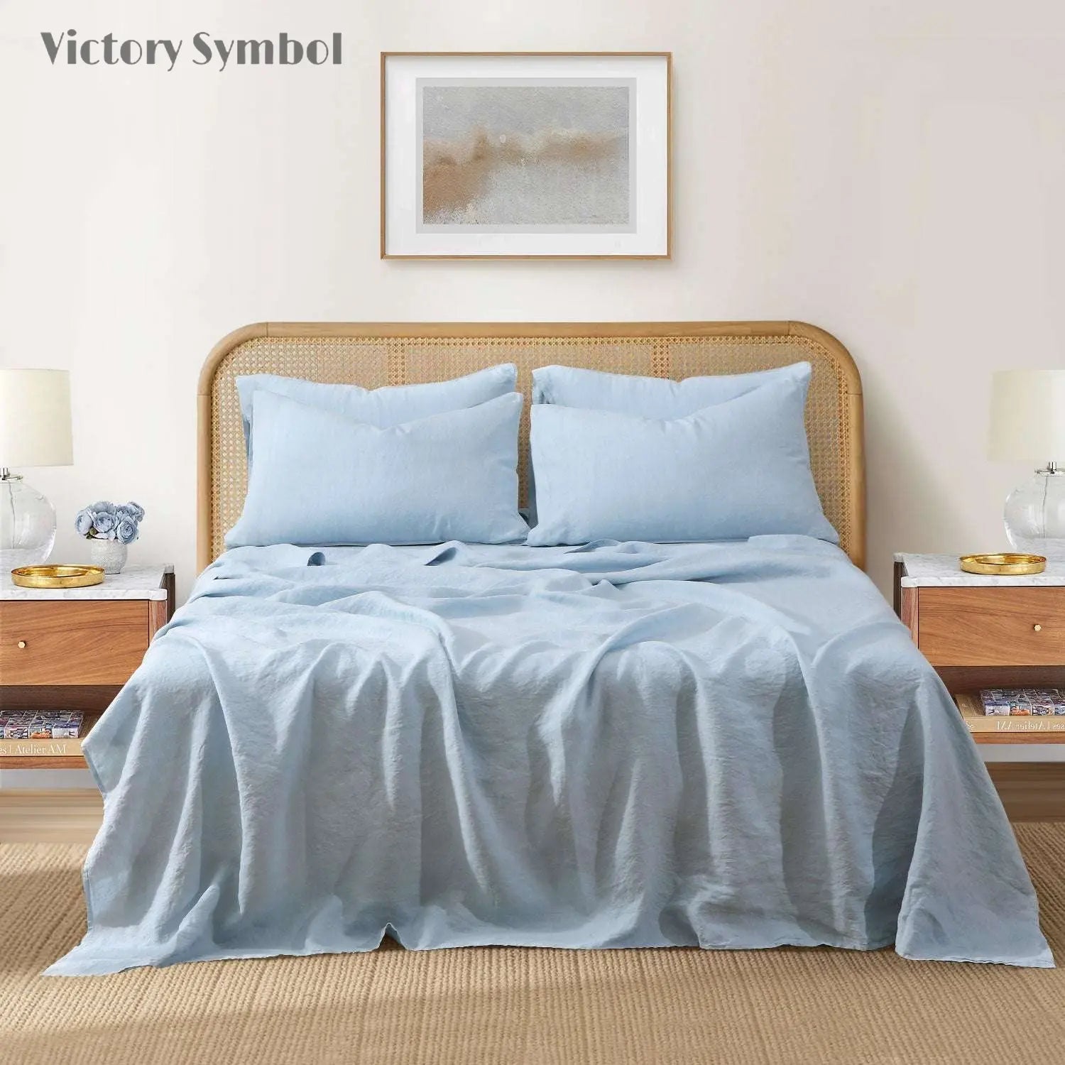 Aqua Blue 100% Organic Linen Sheets Set - Victory Symbol