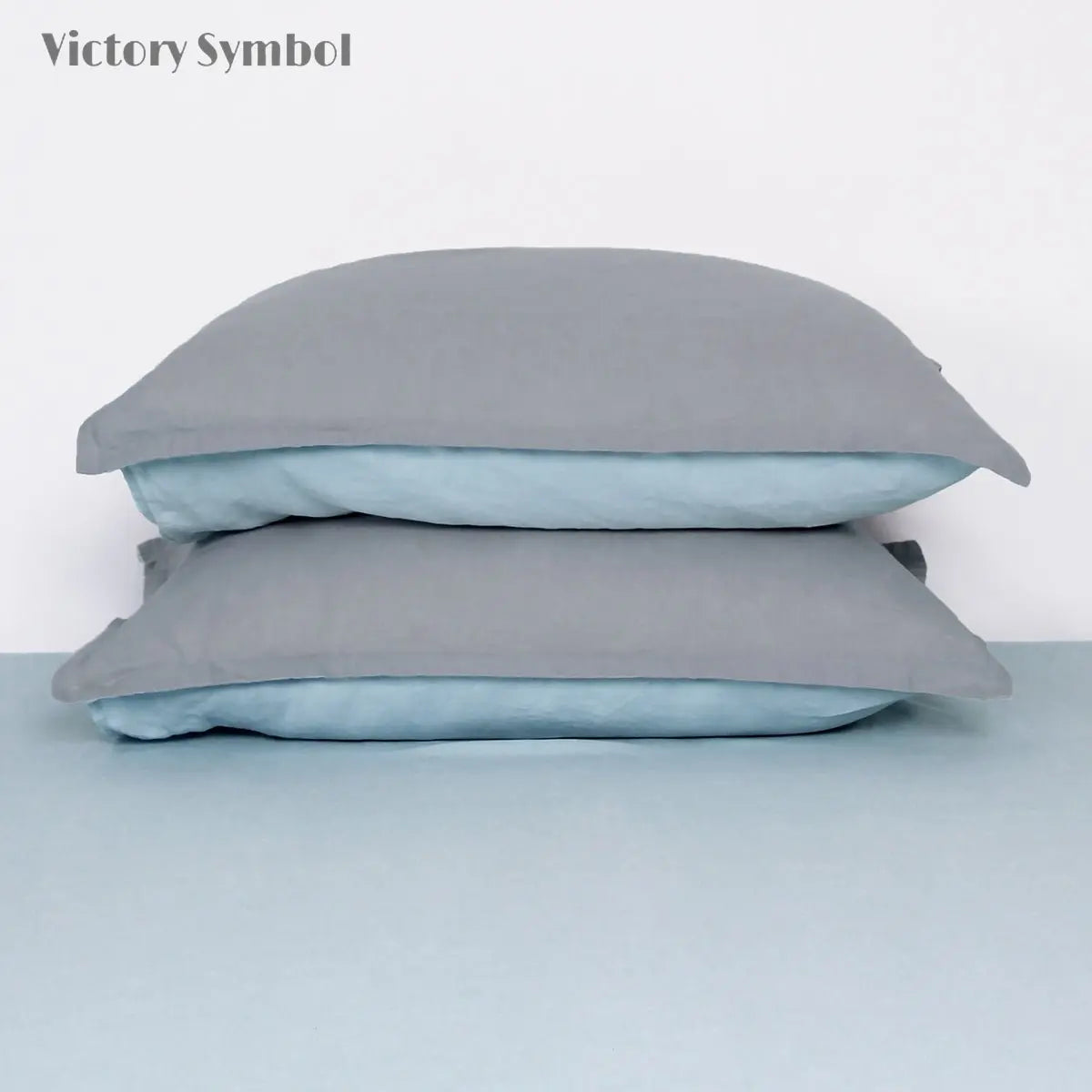 Aqua Blue And Light Grey Colorblock 100% Organic Linen Pillowcases - Victory Symbol