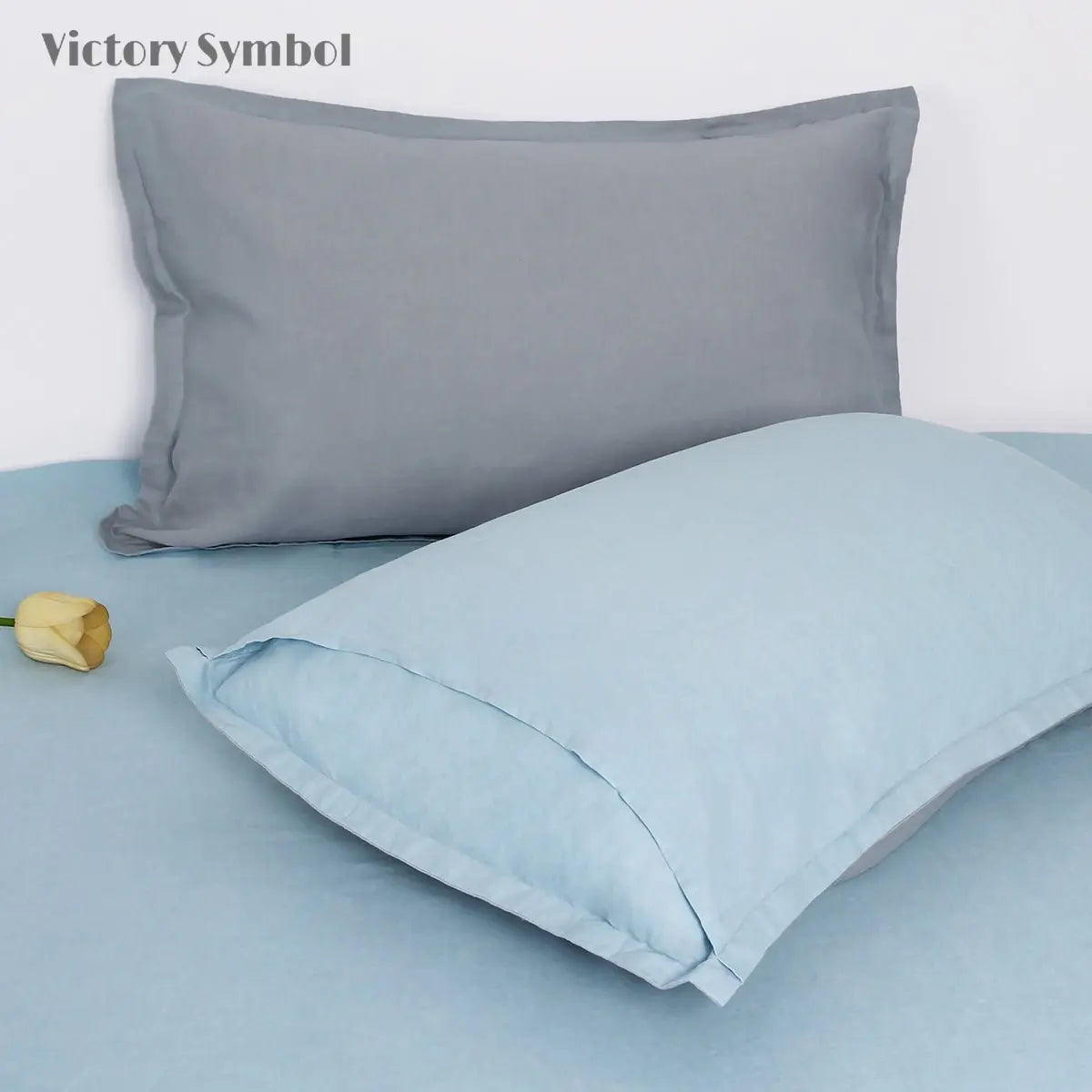 Water Blue And Light Grey Colorblock 100% Organic Linen Pillowcases - Victory Symbol