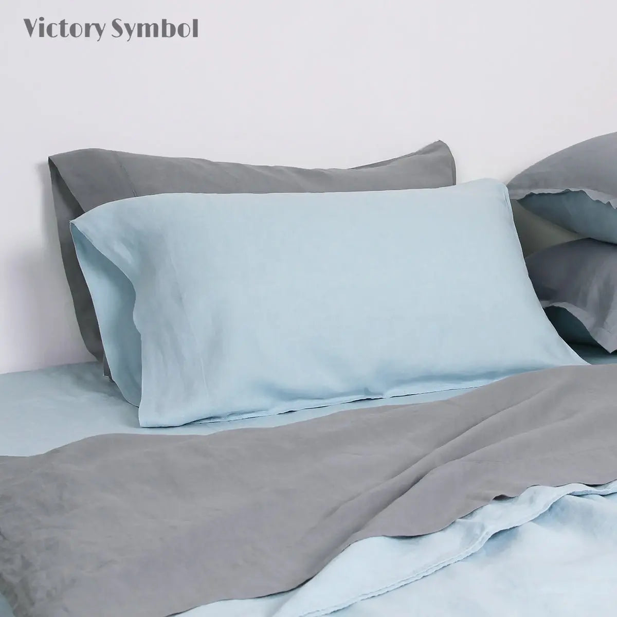 Water Blue And Light Grey Colorblock 100% Organic Linen Pillowcases - Victory Symbol