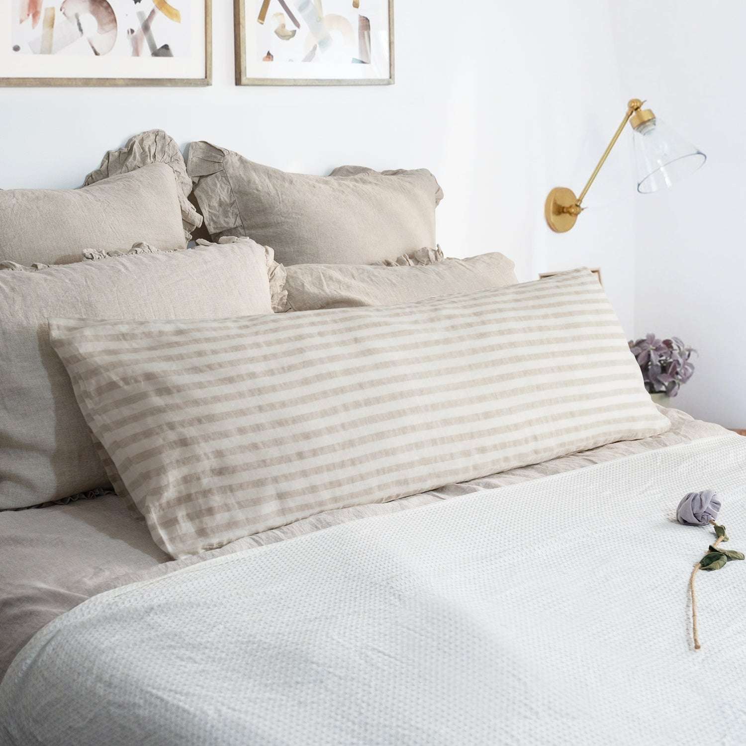Beige Stripe 100% Organic Linen Body Yarn Dyed Pillowcase-victory symbol