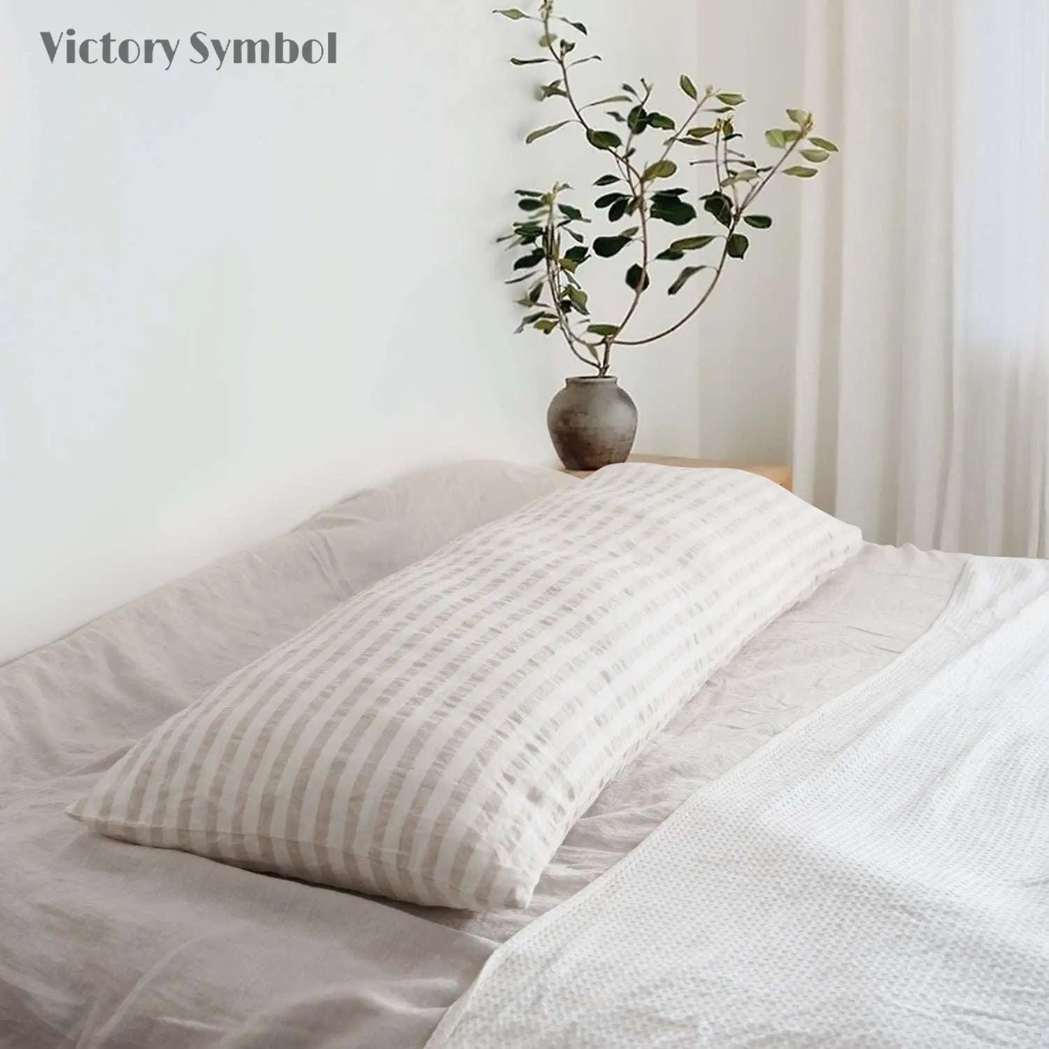 Beige Stripe 100% Organic Linen Body Yarn Dyed Pillowcase-victory symbol