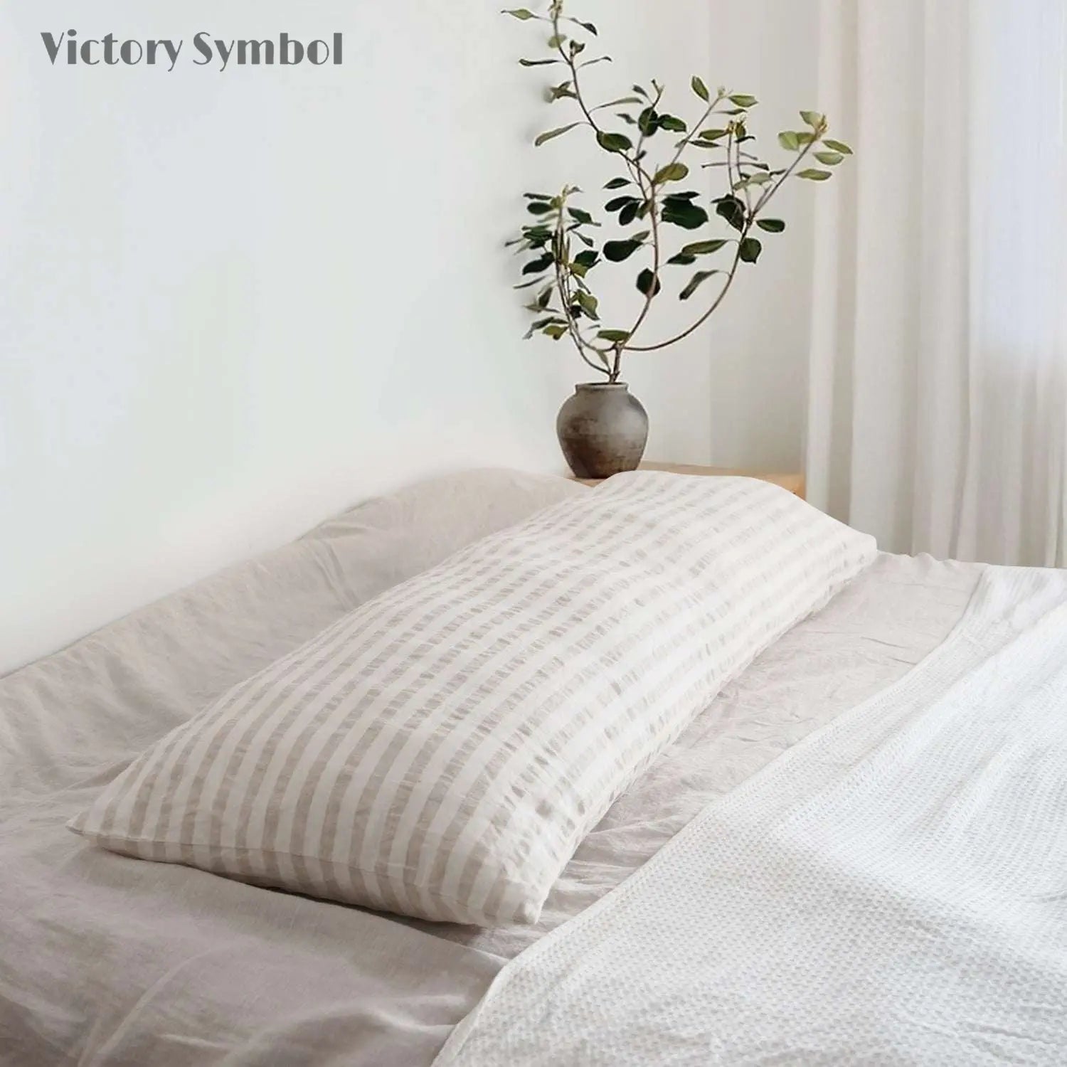 Beige Stripe 100% Organic Linen Body Yarn Dyed Pillowcase - Victory Symbol
