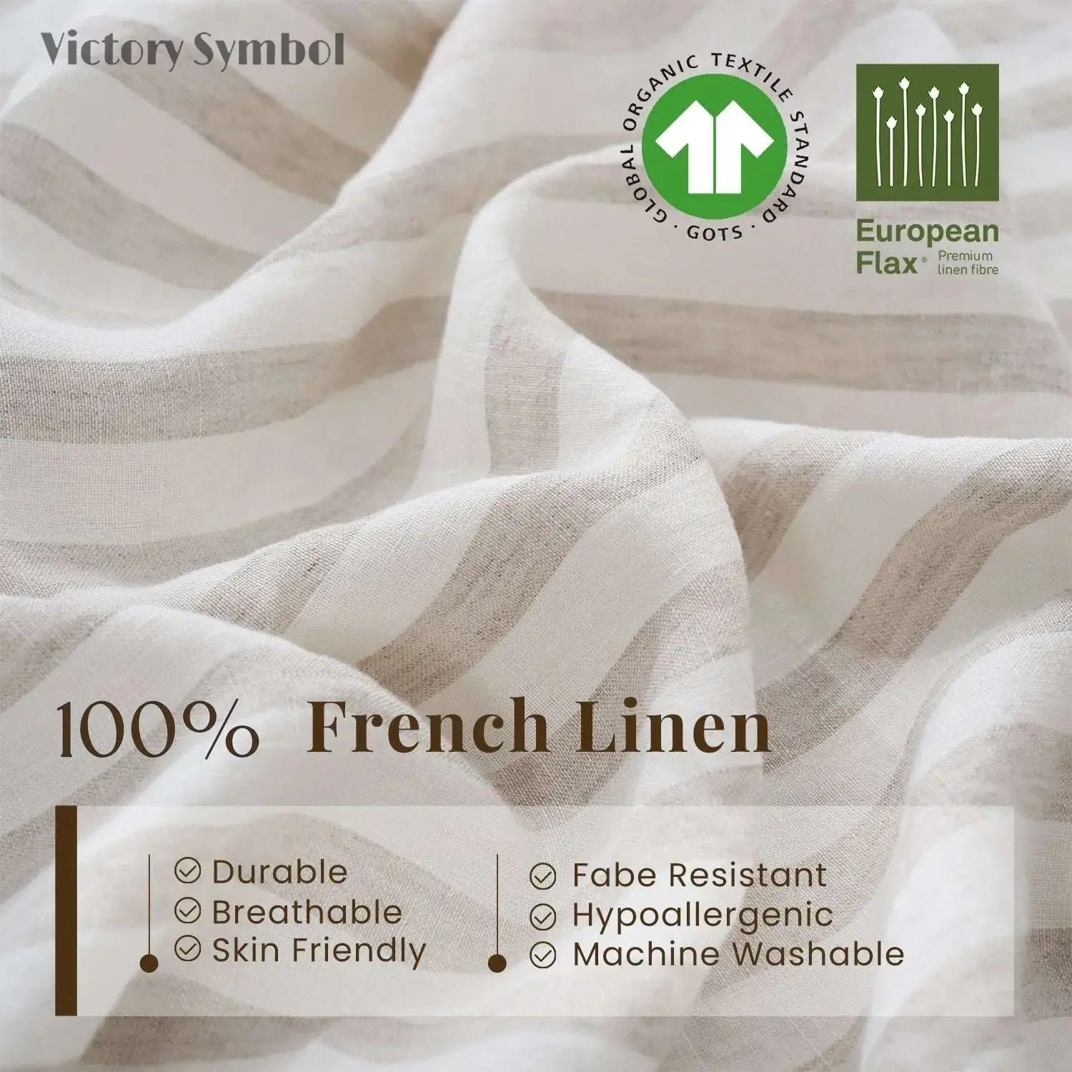 Beige Stripe 100% Organic Linen Body Yarn Dyed Pillowcase-victory symbol