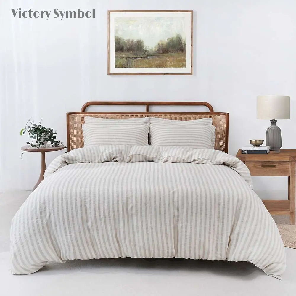 Beige Stripe 100% Organic Linen Yarn Dyed Duvet Cover(Only 1 Piece) - Victory Symbol