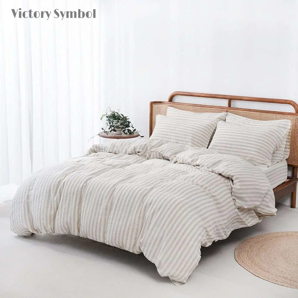Beige Stripe 100% Organic Linen Yarn Dyed Duvet Cover(Only 1 Piece).