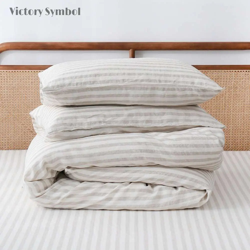 Beige Stripe 100% Organic Linen Yarn Dyed Duvet Cover Set - Victory Symbol