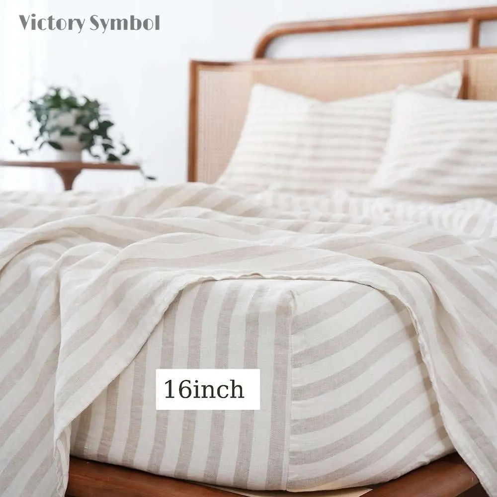 Beige Stripe 100% Organic Linen Yarn Dyed Fitted Sheet - Victory Symbol