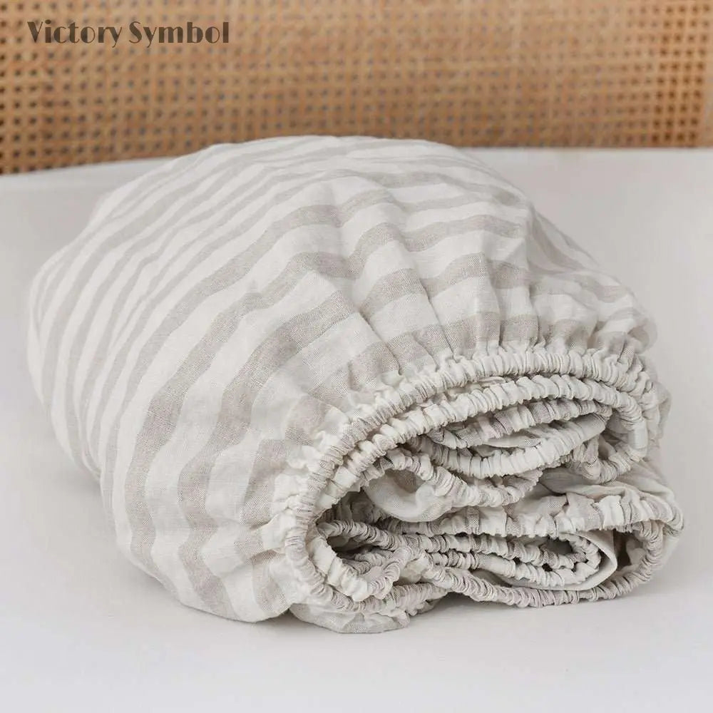 Beige Stripe 100% Organic Linen Yarn Dyed Fitted Sheet - Victory Symbol