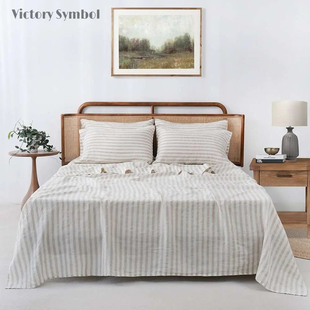 Beige Stripe 100% Organic Linen Yarn Dyed Flat Sheet - Victory Symbol