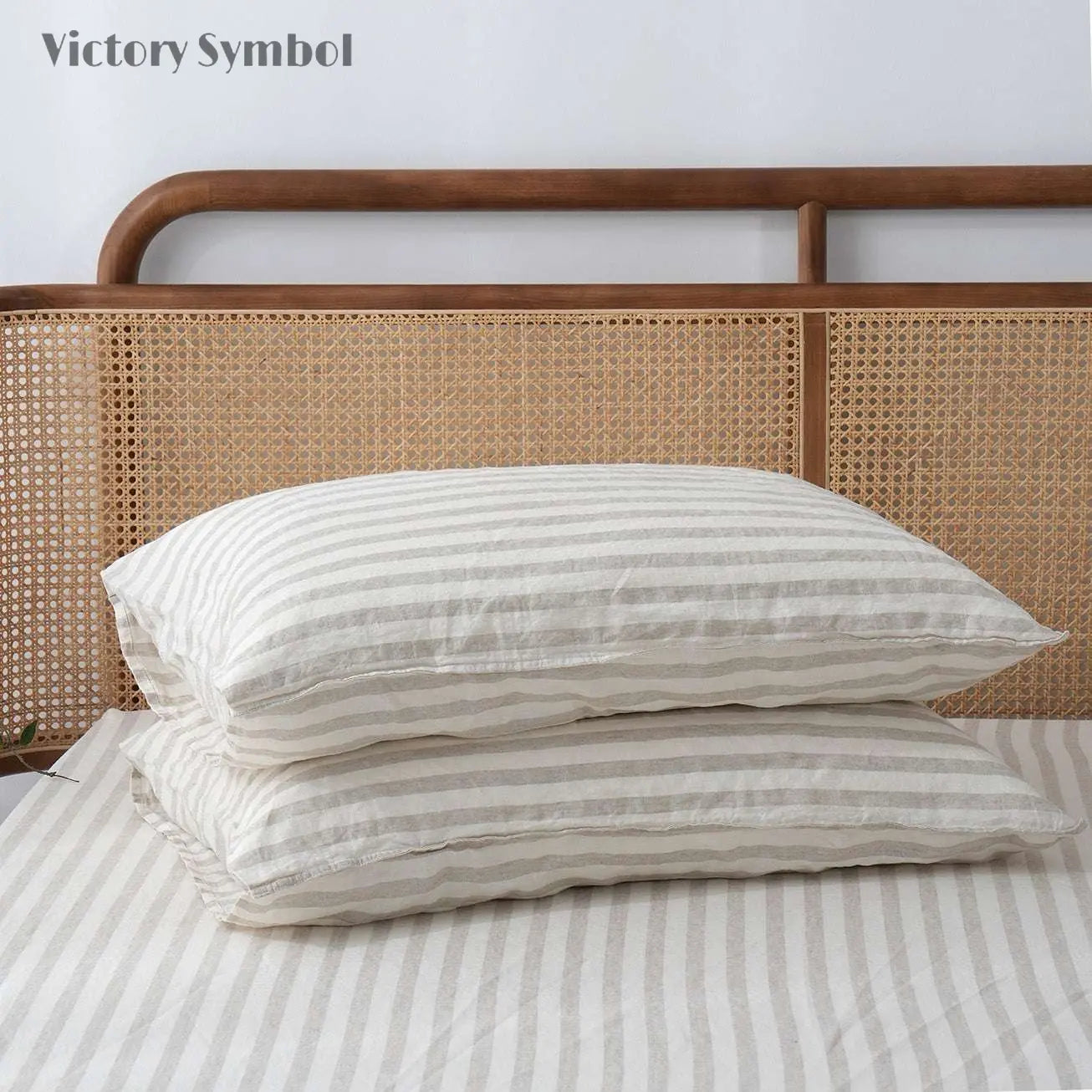 Beige Stripe 100% Organic Linen Yarn Dyed Pillowcases-victory symbol