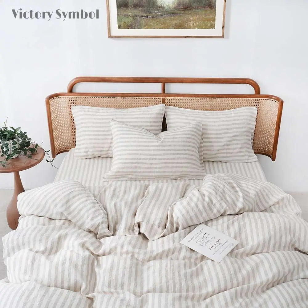 Beige Stripe 100% Organic Linen Yarn Dyed Duvet Cover(Only 1 Piece) - Victory Symbol
