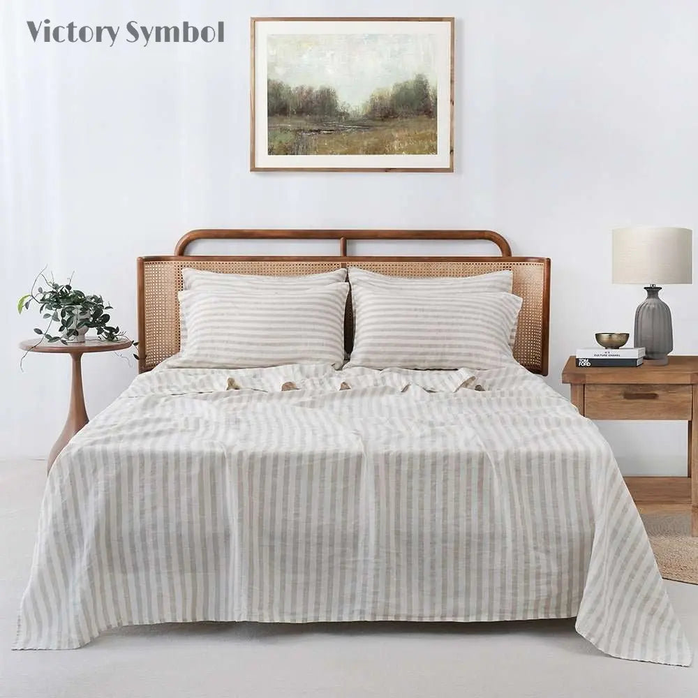 Beige Stripe 100% Organic Linen Yarn Dyed Sheets Set - Victory Symbol